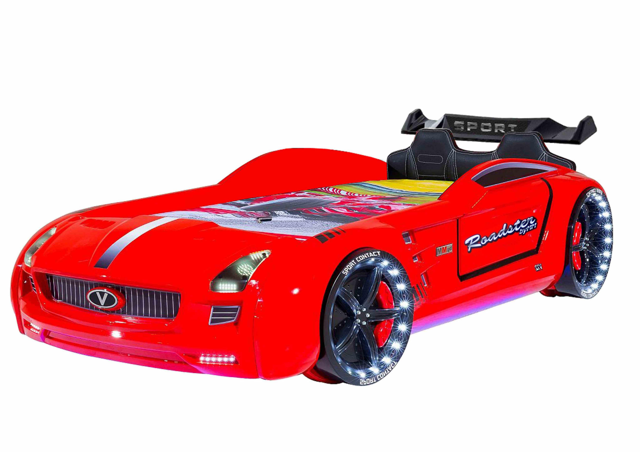 AUTOBETT Roadster Rot Kinderbett LED Sound Sportsitze Lattenrost Spoiler - Rot/Schwarz, Holzwerkstoff/Kunststoff (90/190cm) - Aileenstore