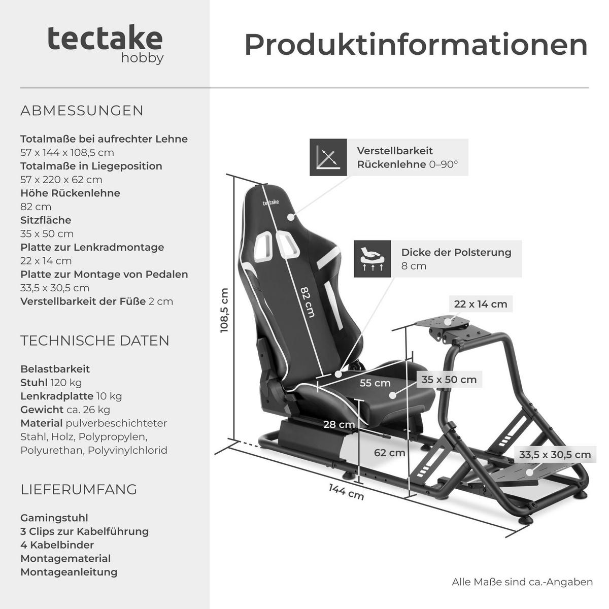 SIM-RACING-COCKPIT Play, GT-Style Rennsitz,57 x 144 x 108,5 cm, schwarz - Schwarz, Metall (57/62/220cm) - tectake