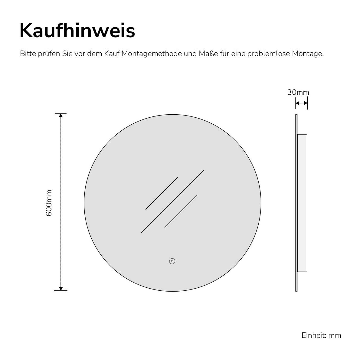 BADSPIEGEL Rund mit Beleuchtung Rahmenlos, Kaltweißes Licht, beschlagfrei, Ø 60 cm - Weiß, Glas (60/3/60cm) - EMKE