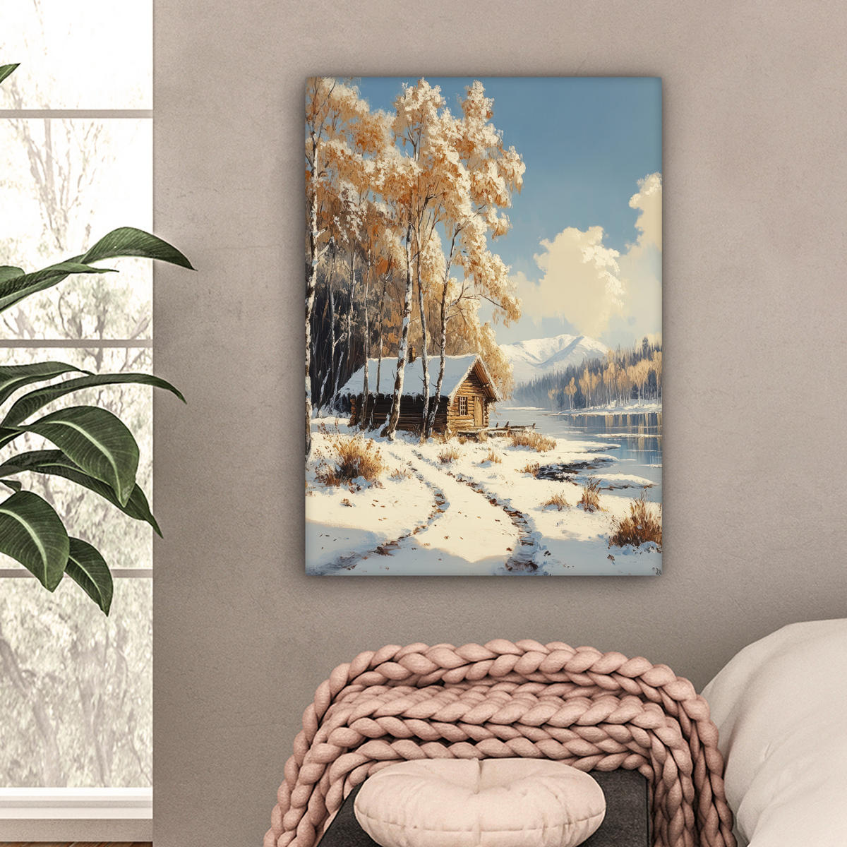 LEINWANDBILD Winter - Schnee - Zuhause - Natur 60x80 cm - Hellbraun, Textil (60/80cm) - MuchoWow