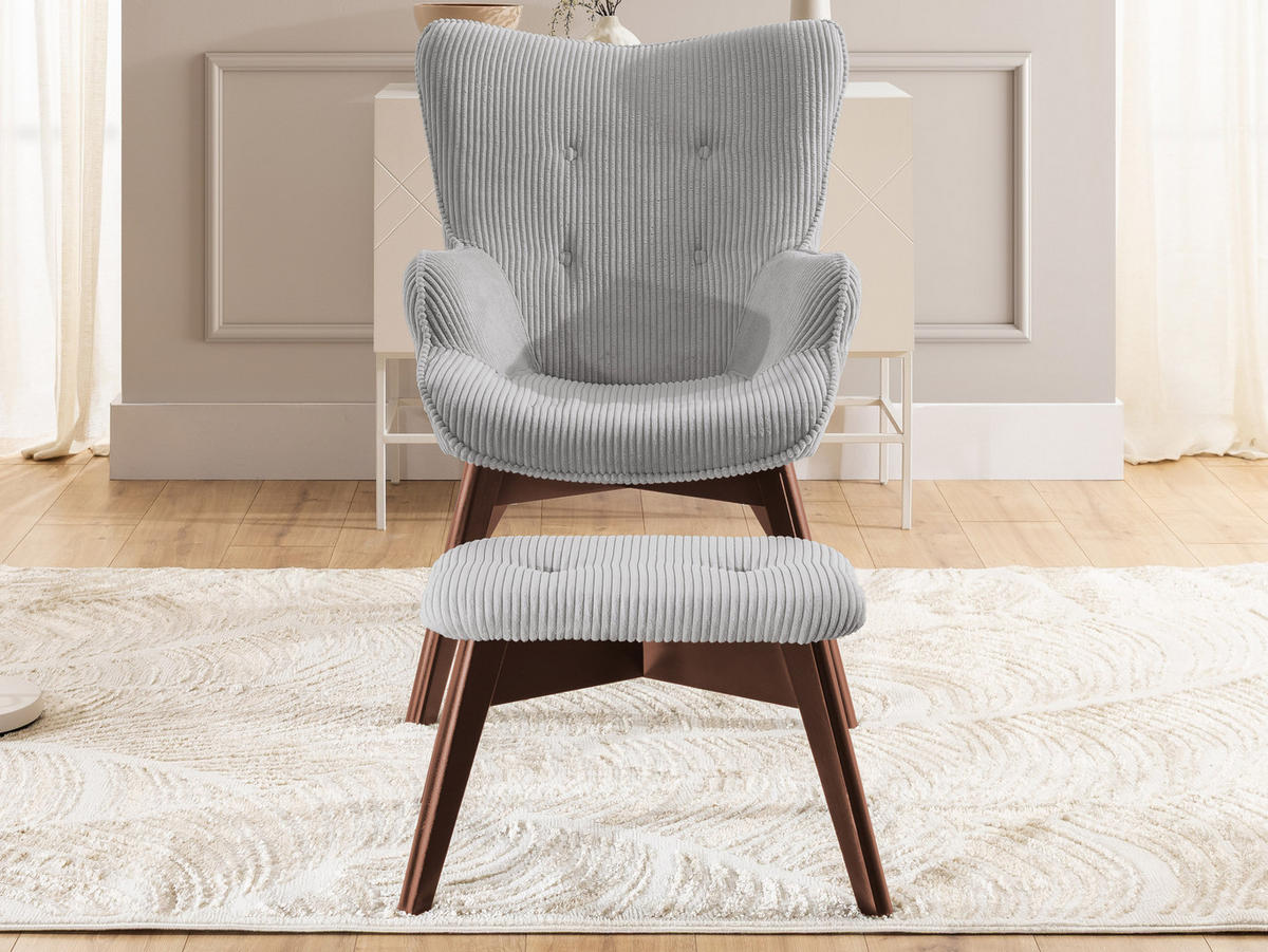 LOUNGESESSEL mit Fußhocker Lenari Hellgrau Cordstoff mit Füßen in Braun - Hellgrau/Braun, Holz/Textil (71/96/86cm) - S-Style Möbel