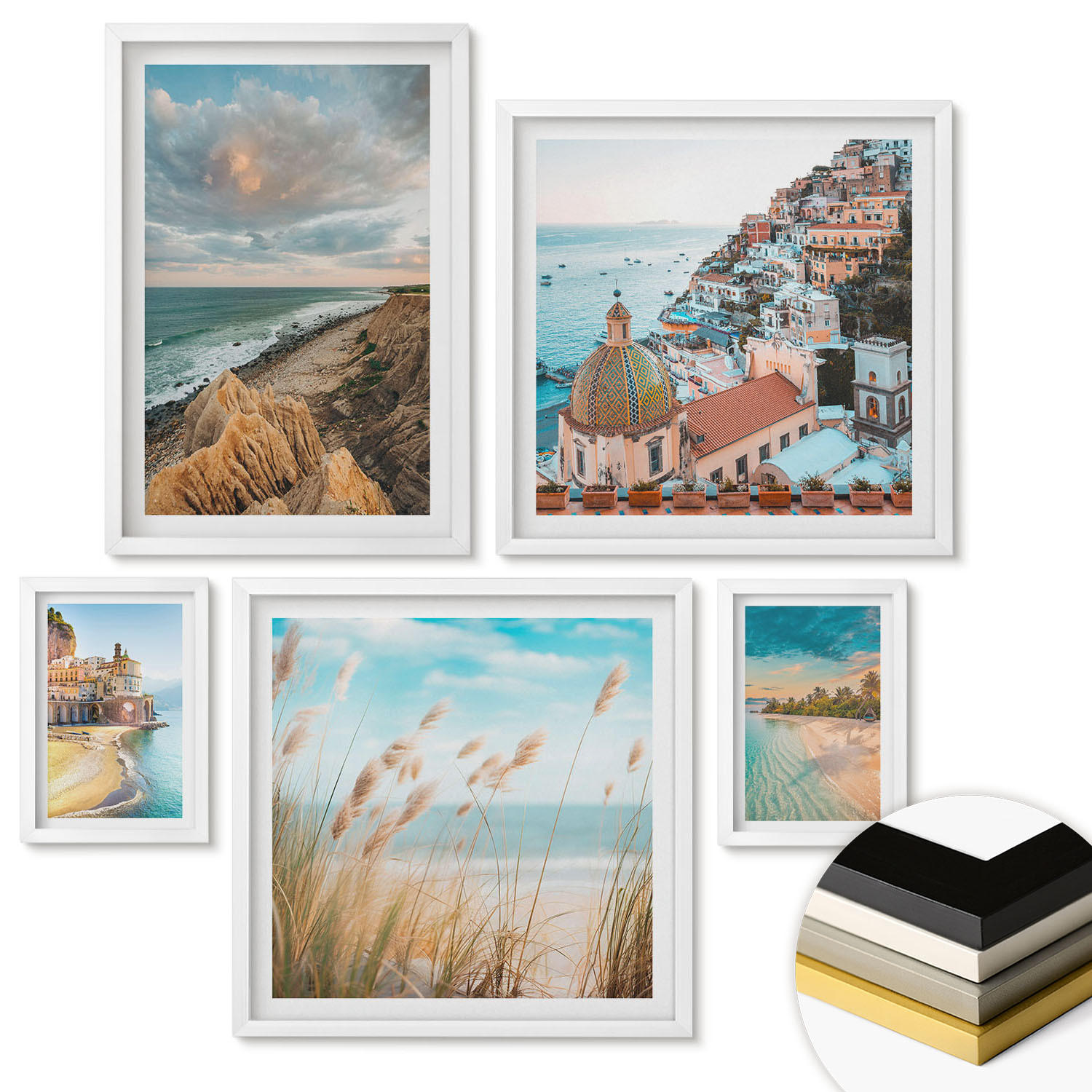WANDBILDER 5er-Set - 50x50 cm & 20x30 cm & 40x60 cm Weißer Rahmen - Landschaften Strand Stadt Klippen - Weiß, Kunststoff (40/60cm) - ArtPrintCave
