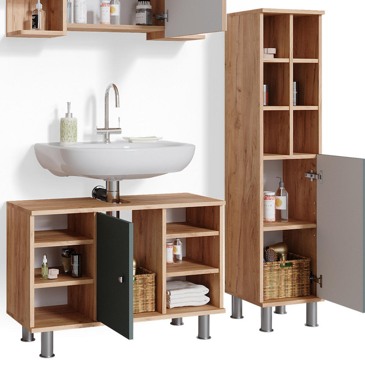 BADMÖBEL-SET Fynn Grün 3 Teile, mit Midischrank Tür groß - Honigeiche/Grün, Holzwerkstoff (60/54/32cm) - Vicco