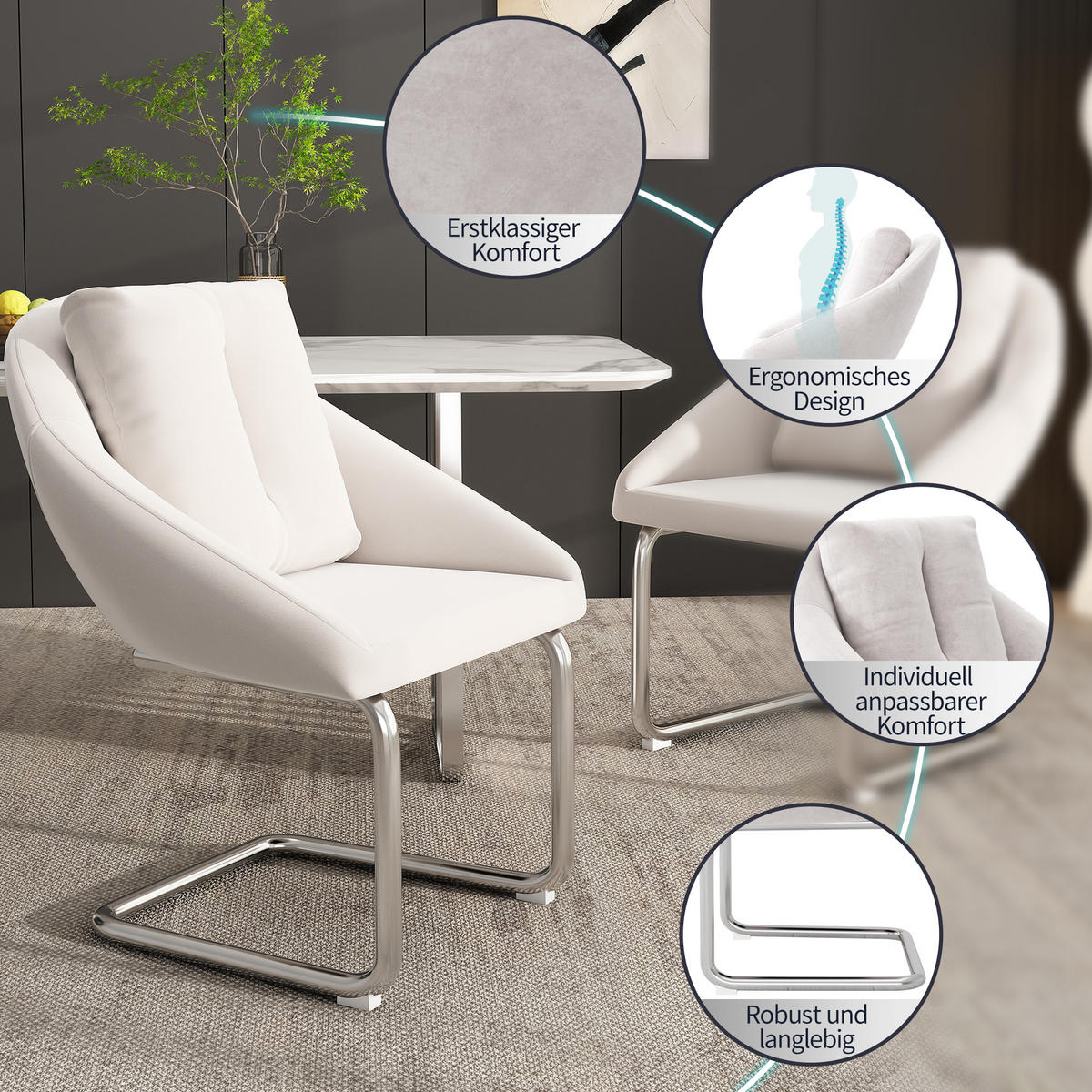 ESSZIMMERSTUHL 4 Stück Samt Drehbar Beige, Kissen, Luxus - Beige, Textil (57/82/59cm) - FLIEKS