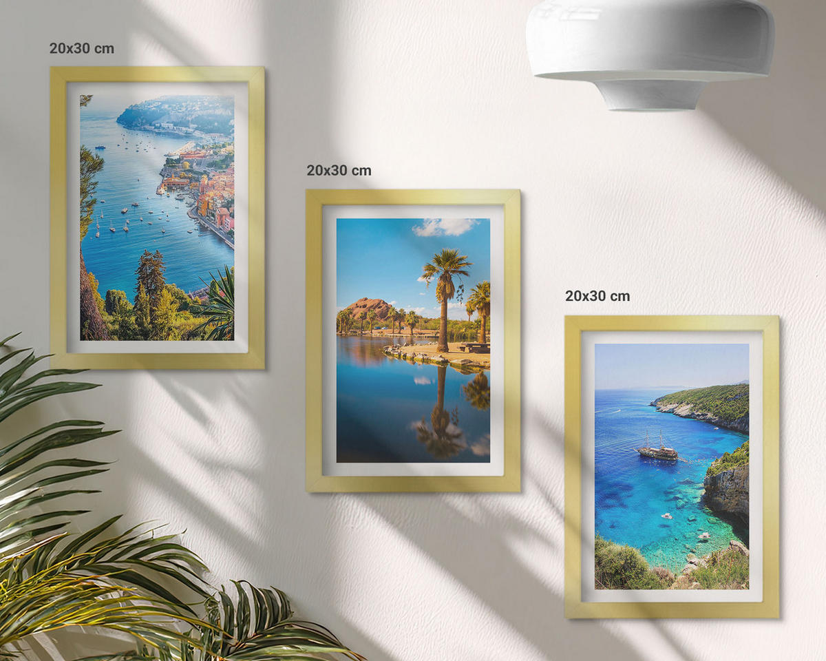BILDER SET 3er Set - 20x30 cm Goldrahmen - Palmen am Meer, blaues Wasser - Goldfarben, Kunststoff (20/30cm) - TULUP
