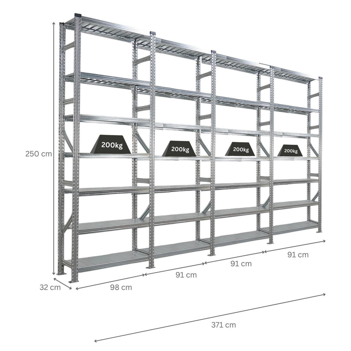 FACHBODENREGAL Proximo Stecksystem 250x360x32cm 7 Ebenen Beidseitig nutzbar Verzinkt - Silberfarben, Metall (360/250/32cm) - PROREGAL