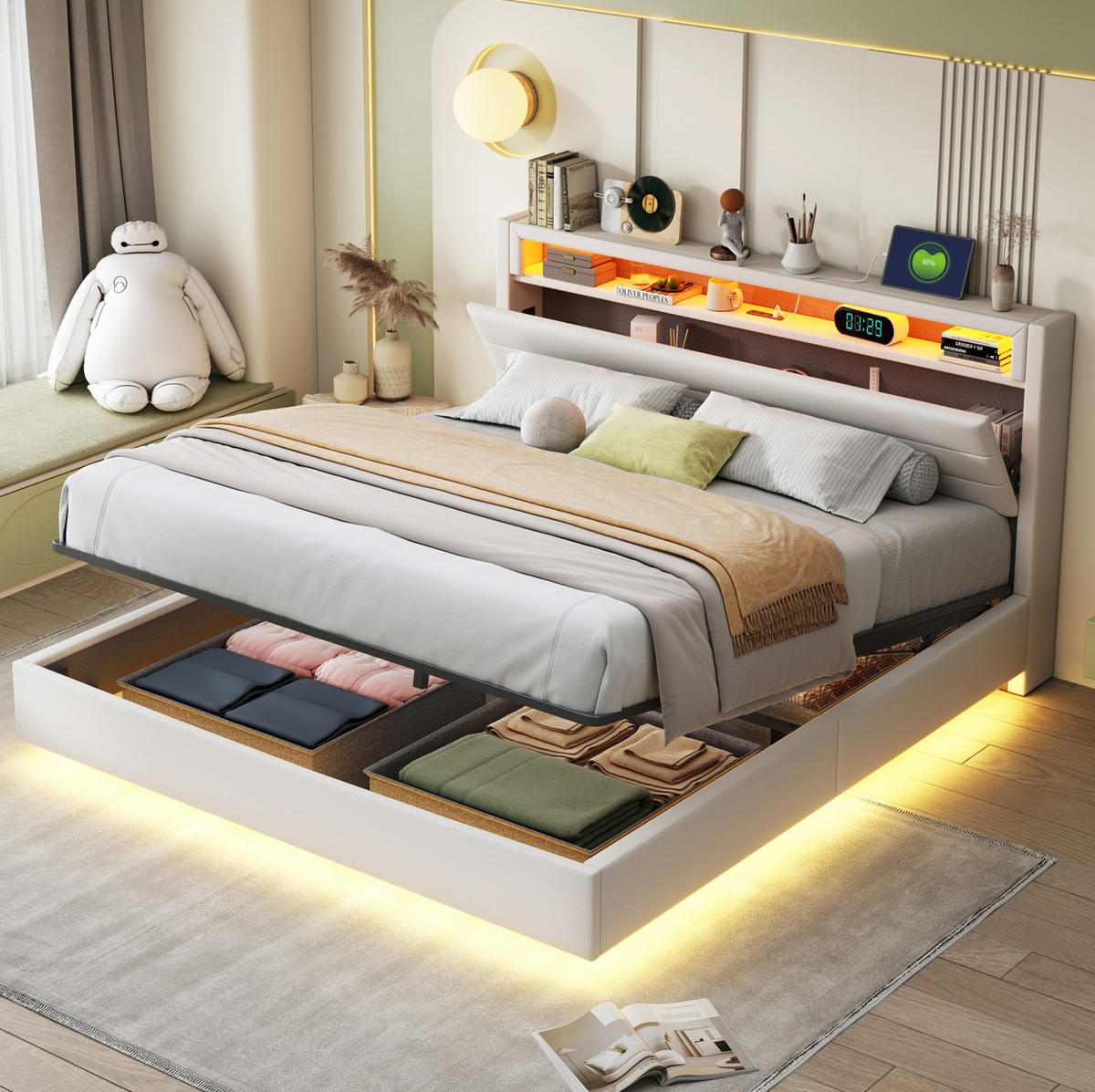 ČALÚNENÁ posteľ 160/200 cm s USB portom, LED osvetlením a hydraulickým úložným priestorom, Bežová - béžová, textil (160/200cm) - Redom