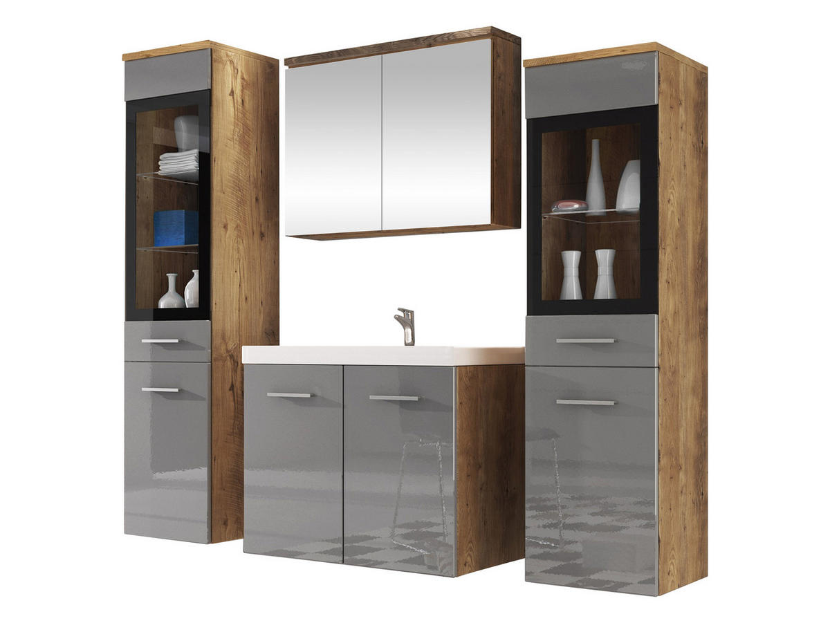 BADMÖBEL-SET Madrit II - Graubraun/Silberfarben, Holzwerkstoff/Kunststoff (132/132/30cm) - MIRJAN24