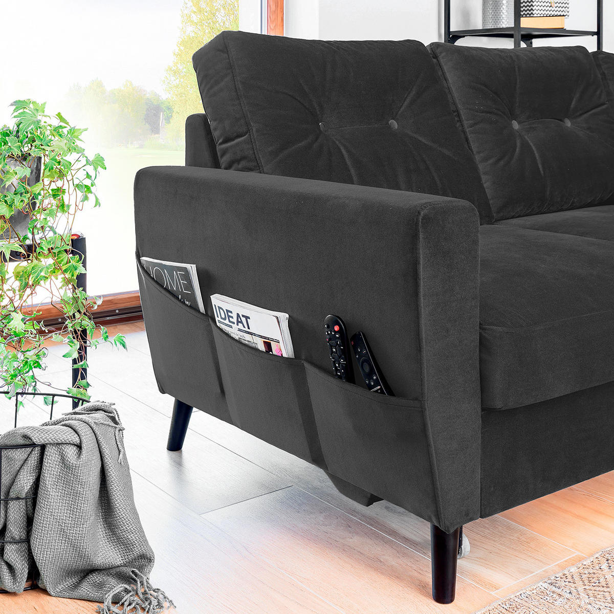 ECKSOFA mit Longchair - Dunkelgrau/Schwarz, Buchenholz/Textil (233/148cm) - home24
