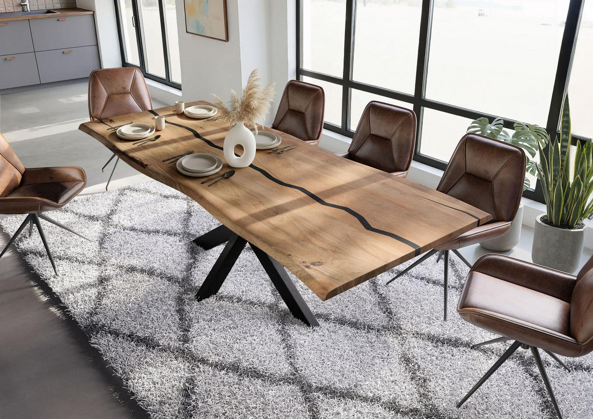 BAUMTISCH Mango 240x100x74 natur lackiert / Epoxid schwarz, Kreuzgestell anthrazit matt EPOXY - Braun, Holz (100/240/74cm) - Massivmoebel24
