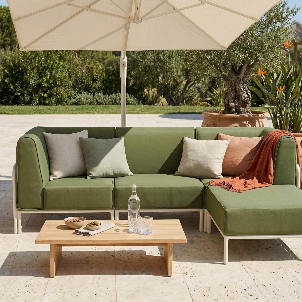 GARTENSOFA mit 4 Sitzplätzen, Khakigrün - Grün, Textil (80/78/216cm) - Oviala