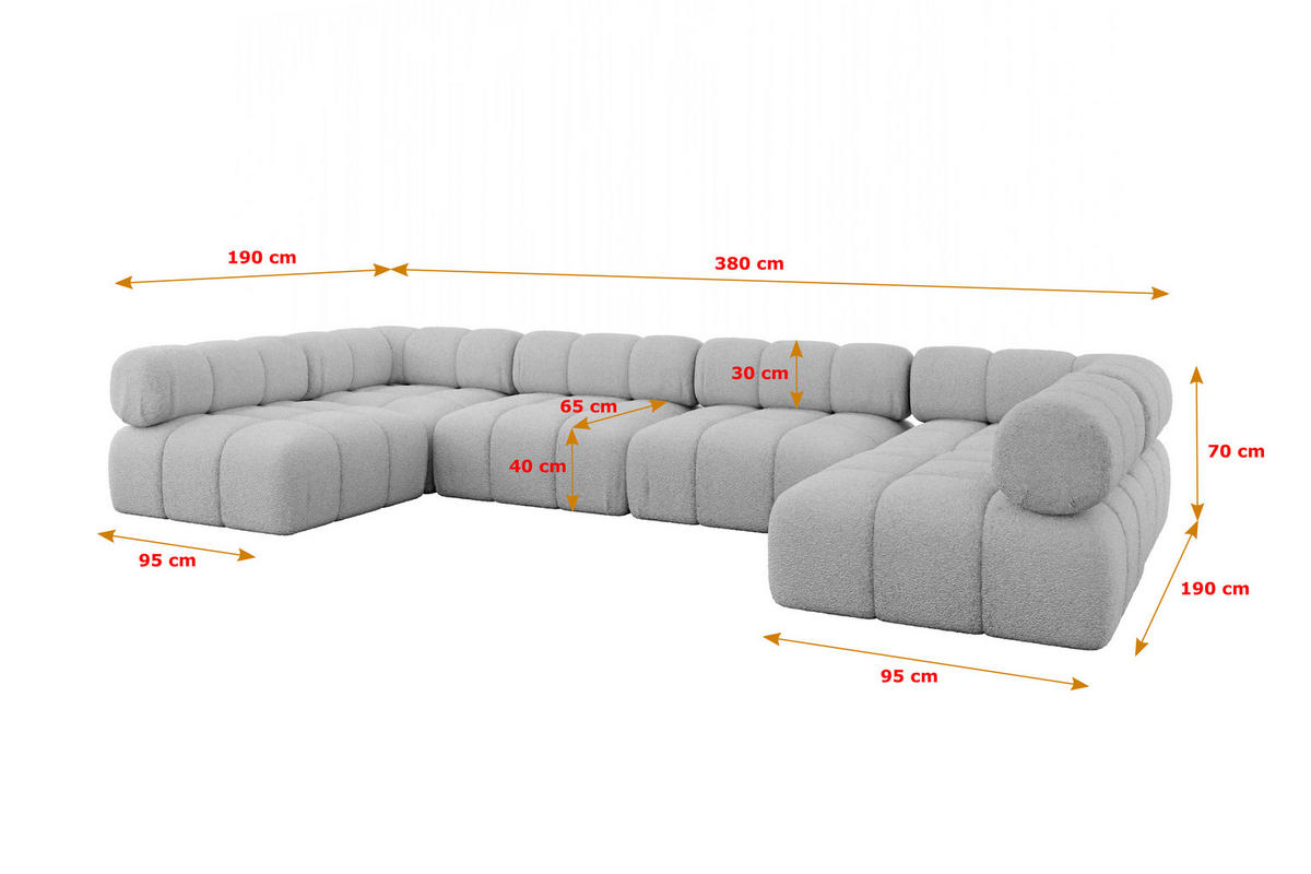 WOHNLANDSCHAFT modulares Sofa Garvo-U2 - 380x190x70 cm Hellgrau Bouclé - Hellgrau, Holzwerkstoff/Textil (380/70/190cm) - ALTDECOR