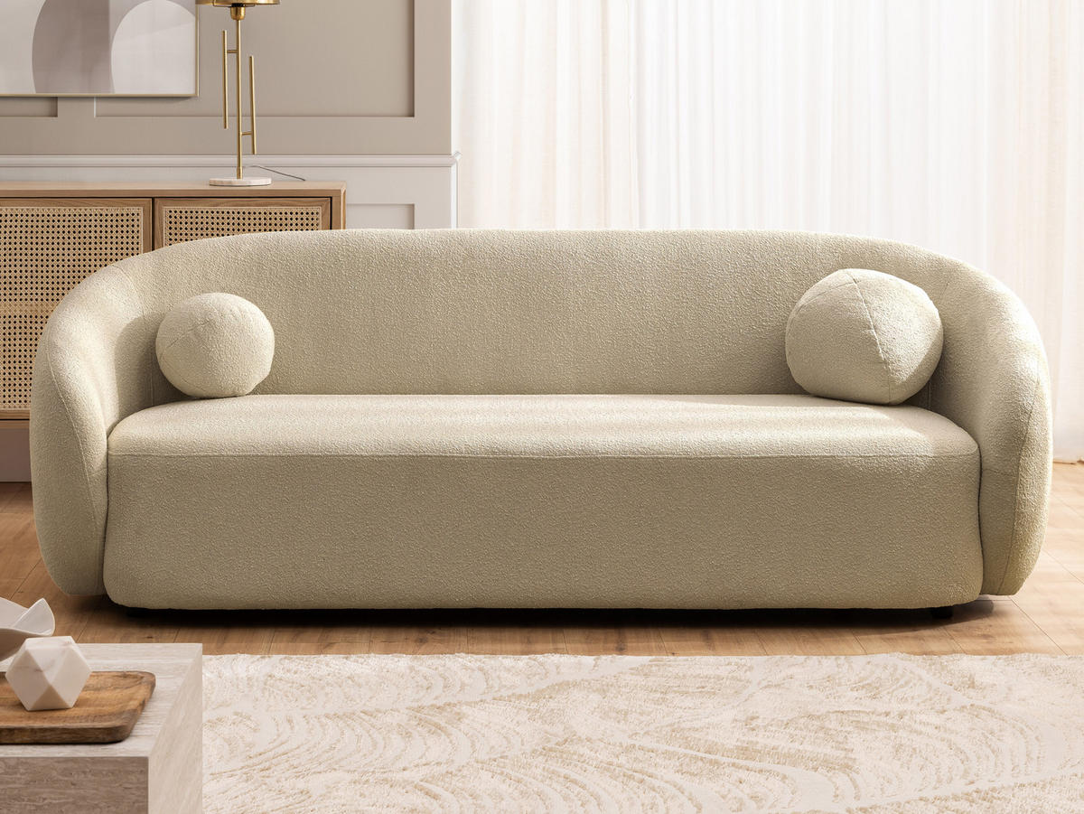 SITZGARNITUR 3+2+1 Roundi Beige Bouclé - Beige/Schwarz, Holz/Kunststoff (208/76/80cm) - S-Style Möbel