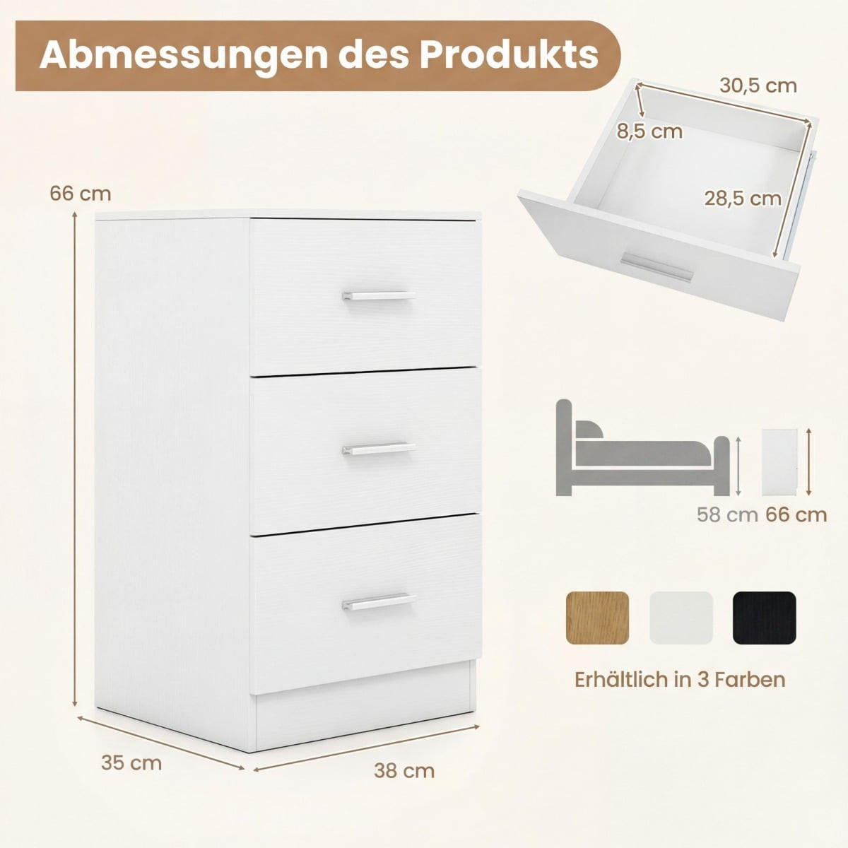 NACHTTISCH mit Ladestation, 3 Schubladen, 38 x 35 x 66 cm, Weiß - Weiß, Holzwerkstoff (38/66/35cm) - DESIGN IN
