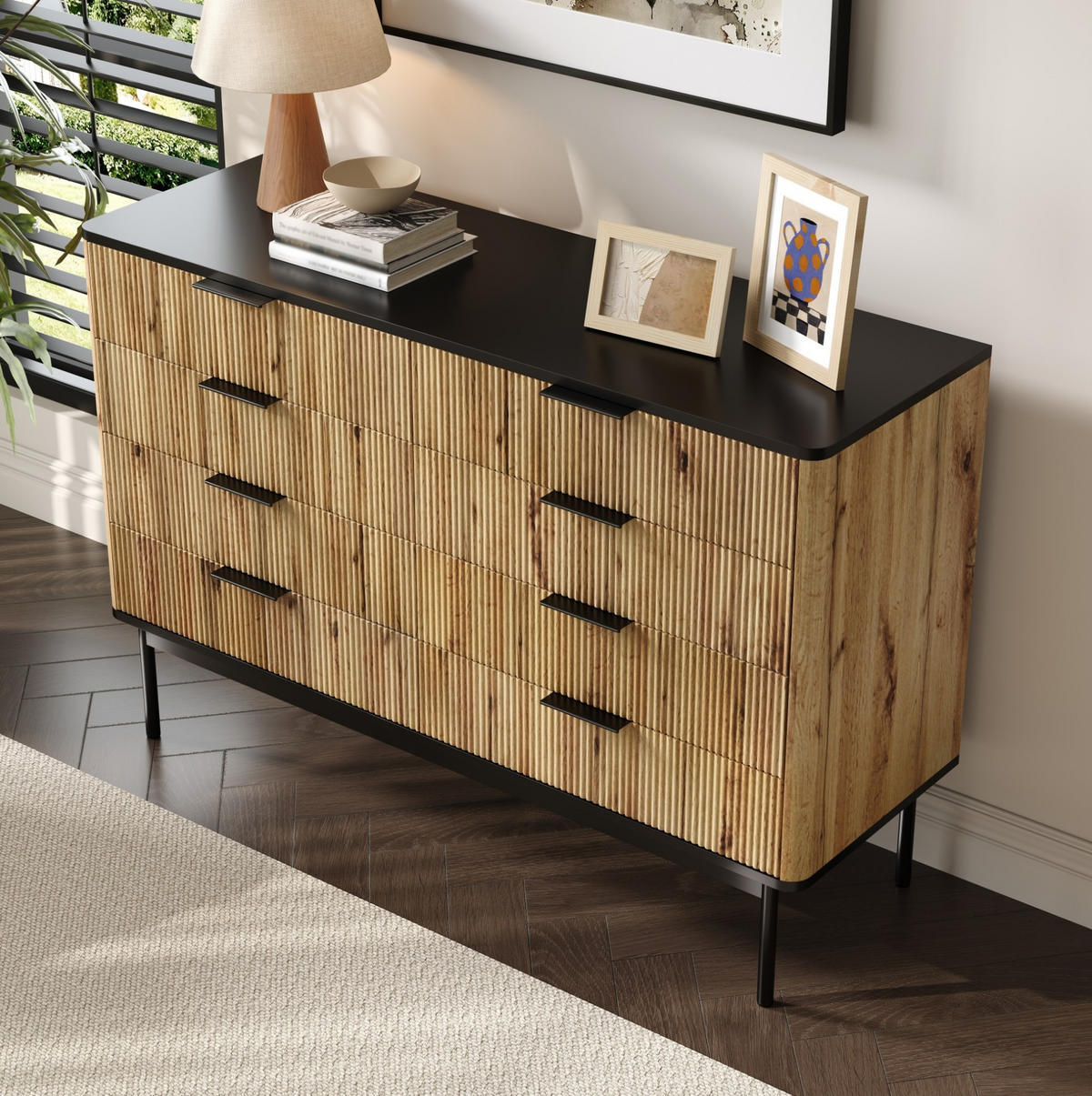KOMMODE aus MDF 120x39,5x80cm in Natur mit Schubladen - Naturfarben, Holzwerkstoff (120/80/39.5cm) - Modfu