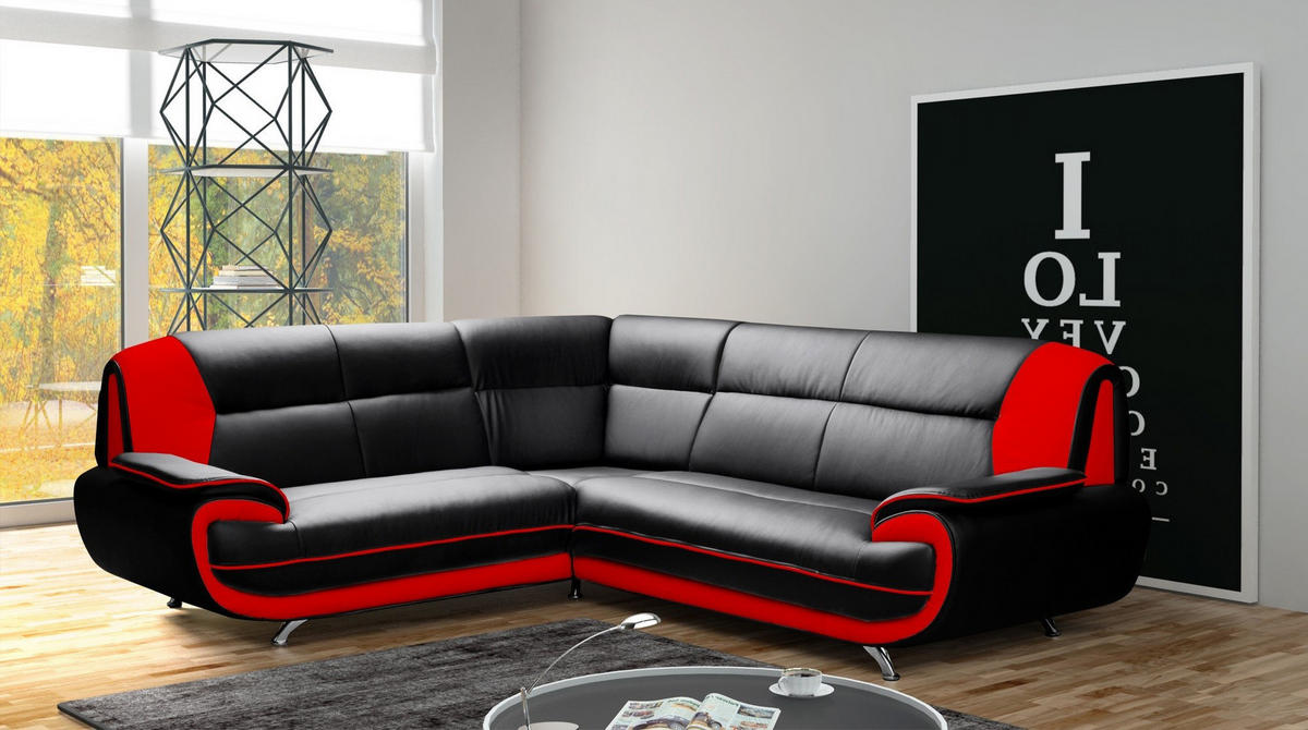 ECKSOFA L-Form, Stoff Soft, Schwarz + Rot, Links, Palermo - Schwarz, Holz (240/210cm) - Kaiser Möbel