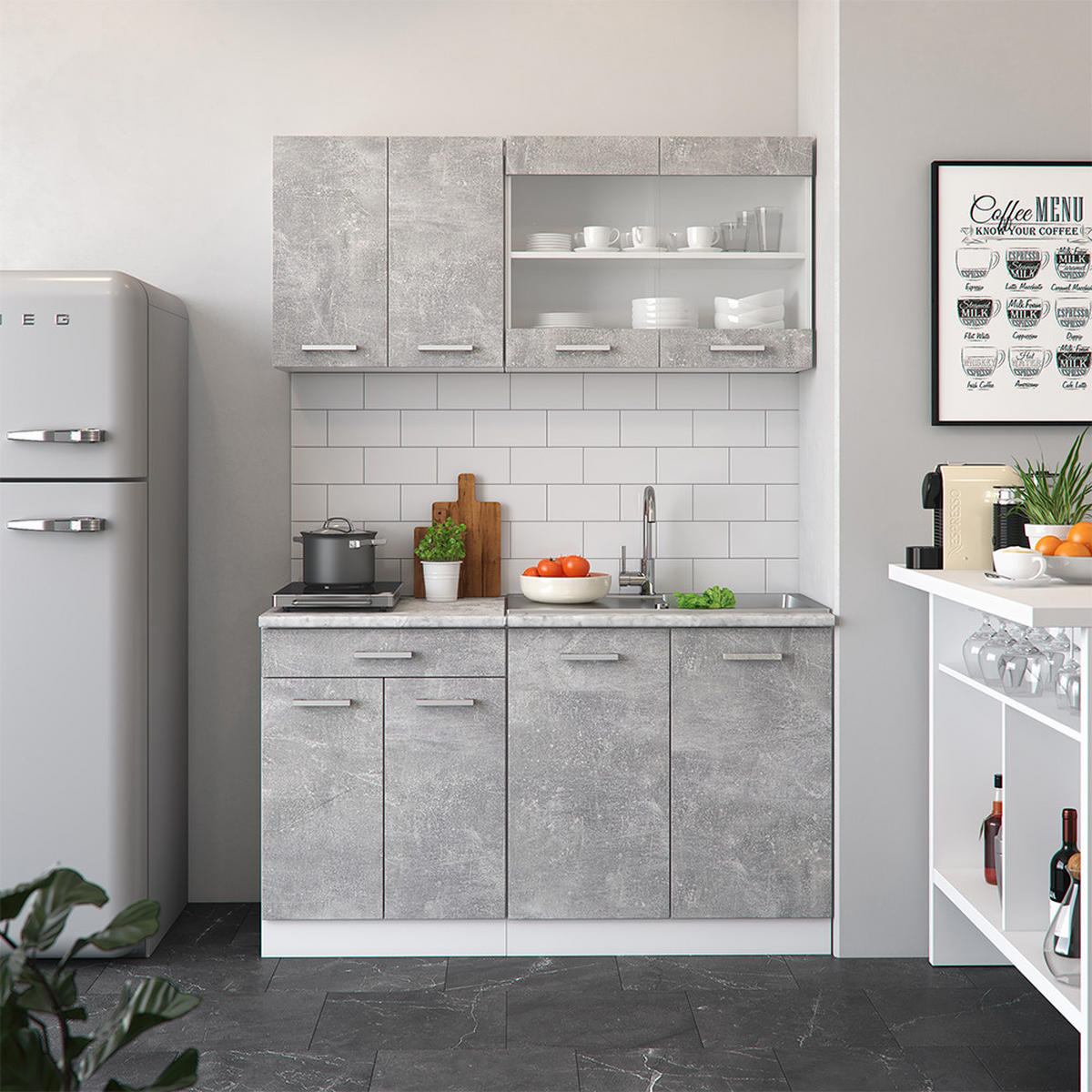 KÜCHENZEILE R-Line Beton/Weiß 140 cm, AP Eiche - Schieferfarben/Weiß, Holzwerkstoff (140/81.6/60cm) - Vicco