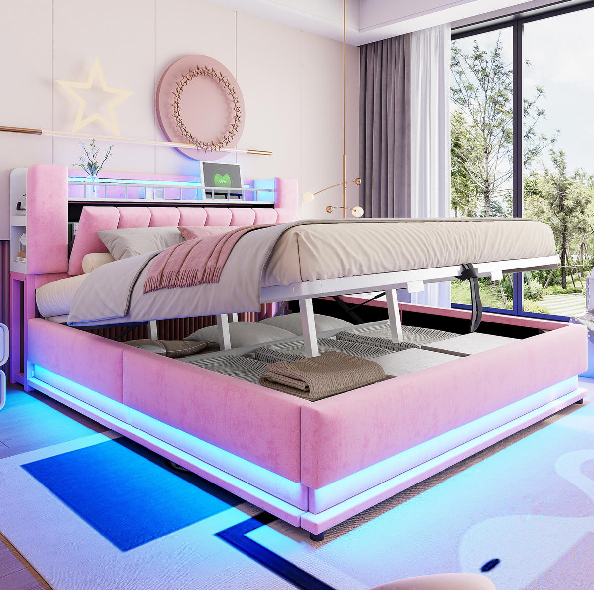 ČALÚNENÁ posteľ z MDF, kovu a látky 180x200 cm ružová s LED osvetlením, USB a hydraulickým úložným priestorom - ružová, textil (180/200cm) - Modfu