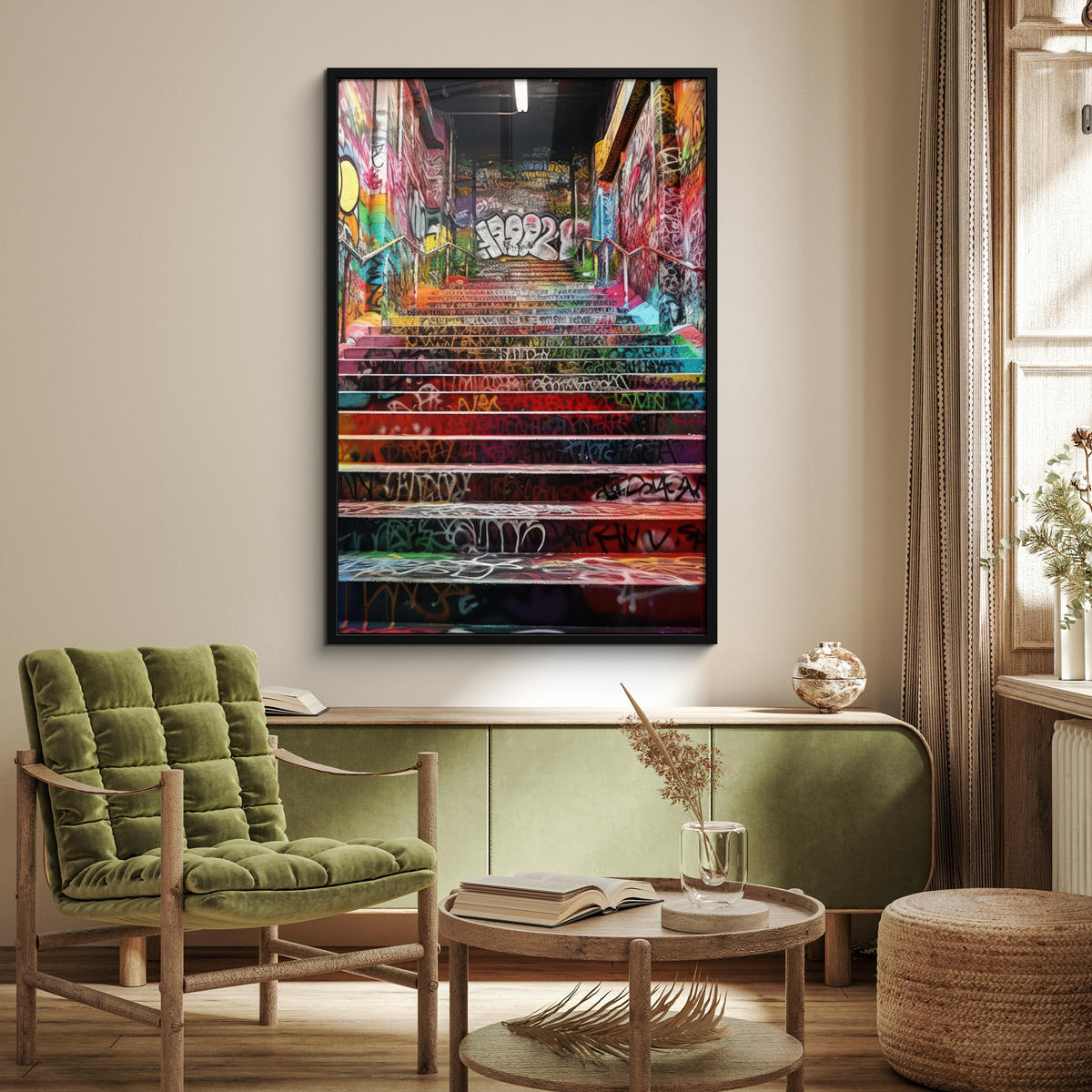 GERAHMTES BILD Treppe - Graffiti - Farben - Kunst 80x120 cm - Multicolor, Papier (80/120cm) - MuchoWow
