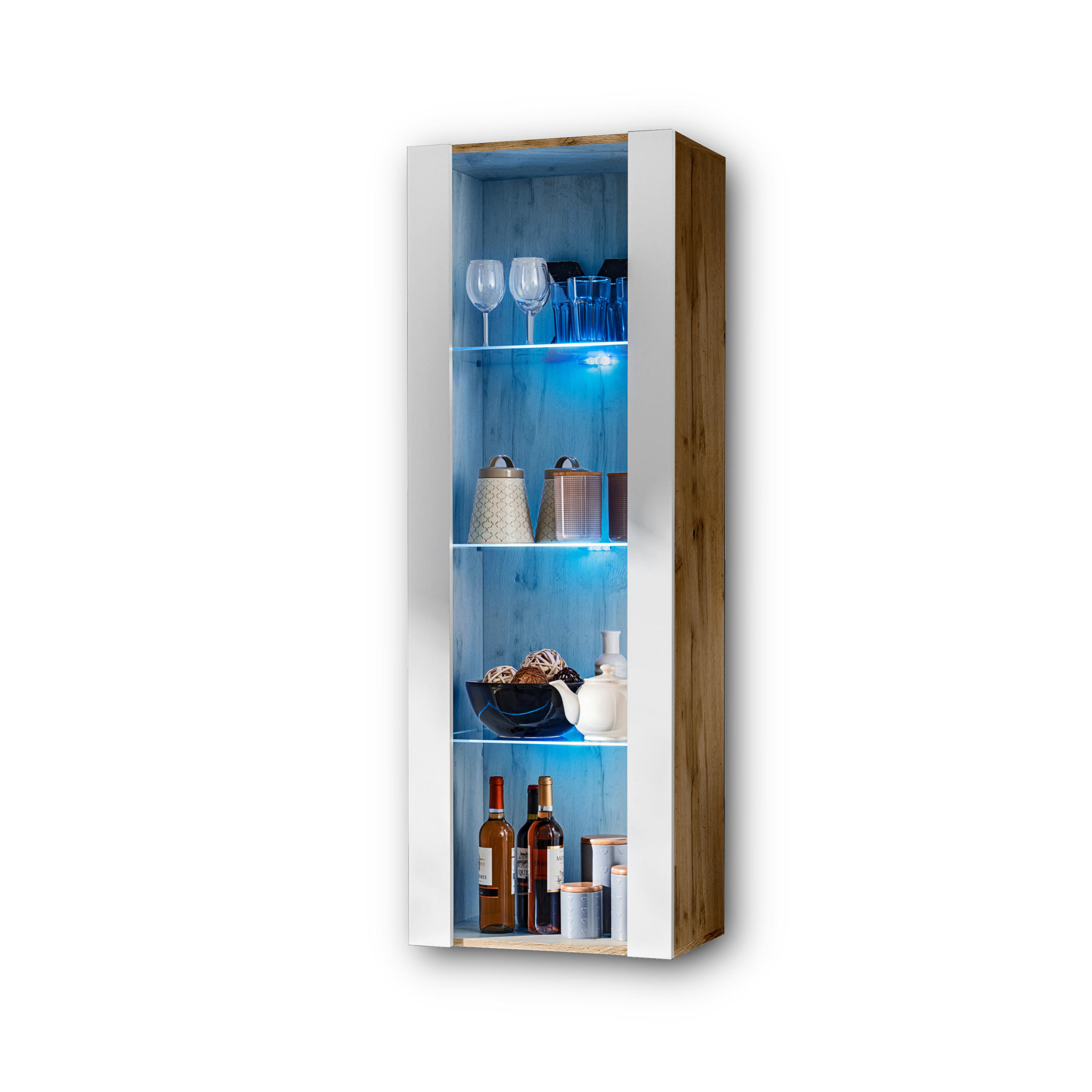 VITRINE TIVOLI, Eiche Wotan + Weiß, LED Blau - Eiche Wotan/Weiß, Glas/Holzwerkstoff (55/159/35cm) - Komodee
