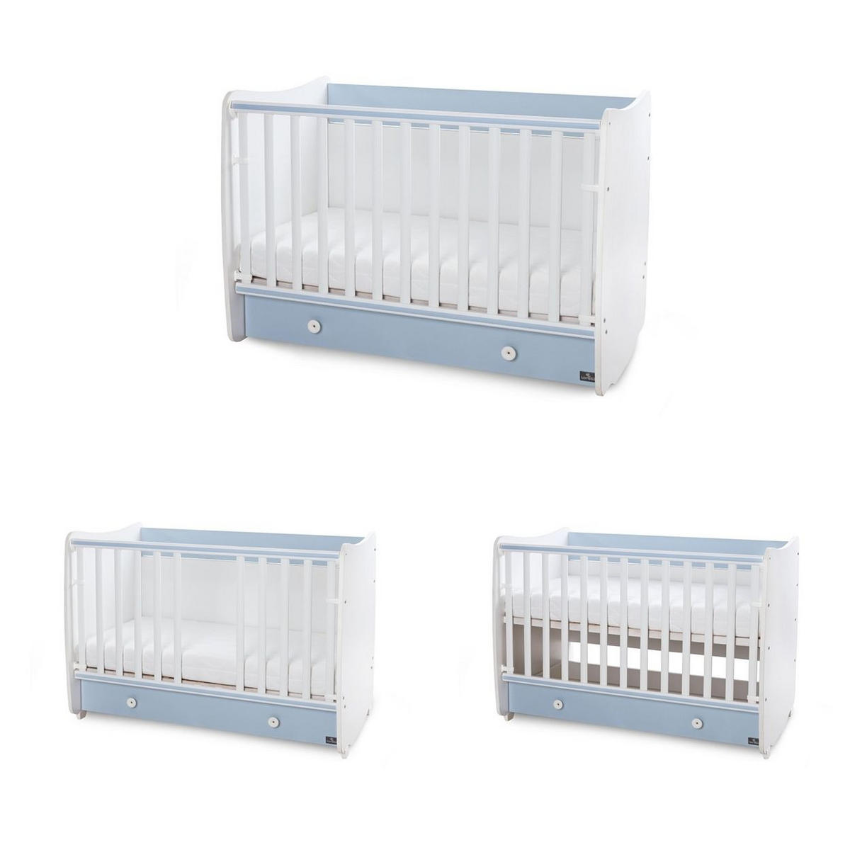 BABYBETT Dream NEW 120 weiß blau 120 x 60 cm, Schaukelbett, Schreibtisch, Hubgitter, 2 Höhenpositionen - Blau, Holzwerkstoff (60/120cm) - Lorelli