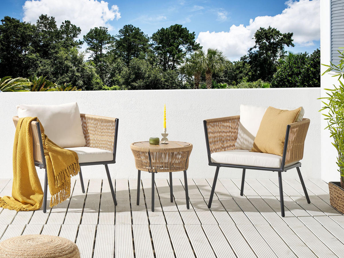 BALKONSET 2-Sitzer Rattan natürlich Auflagen hellbeige Gargano - Beige/Naturfarben, Kunststoff/Textil - Beliani