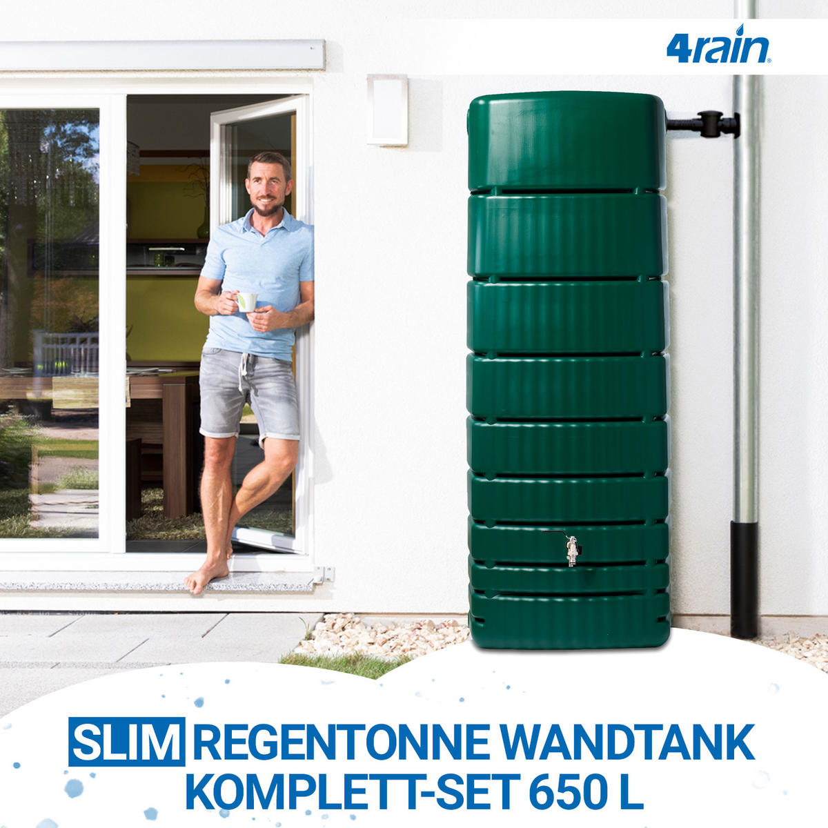 REGENTONNE Wandtank Komplett-Set 650 L, dunkelgrün inkl. Chrom-Doppelauslaufhahn und Fallrohranschluss - Grün, Kunststoff (79/210/52cm) - 4rain