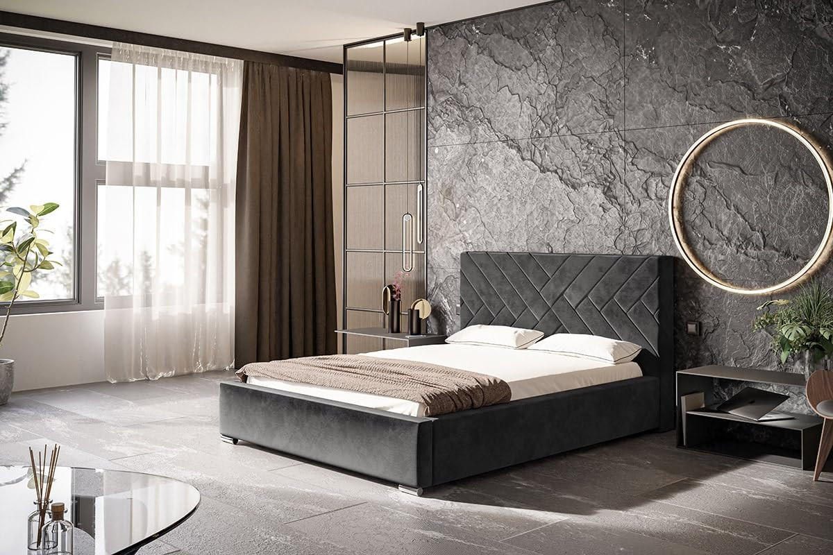 POLSTERBETT Monaco mit Kopfteil, 180x200 cm, Doppelbett mit Bettkasten und Lattenrost aus Holz, Velourstoff Dunkelgrau - Dunkelgrau, Holz/Textil (180/200cm) - Alpi-Möbel