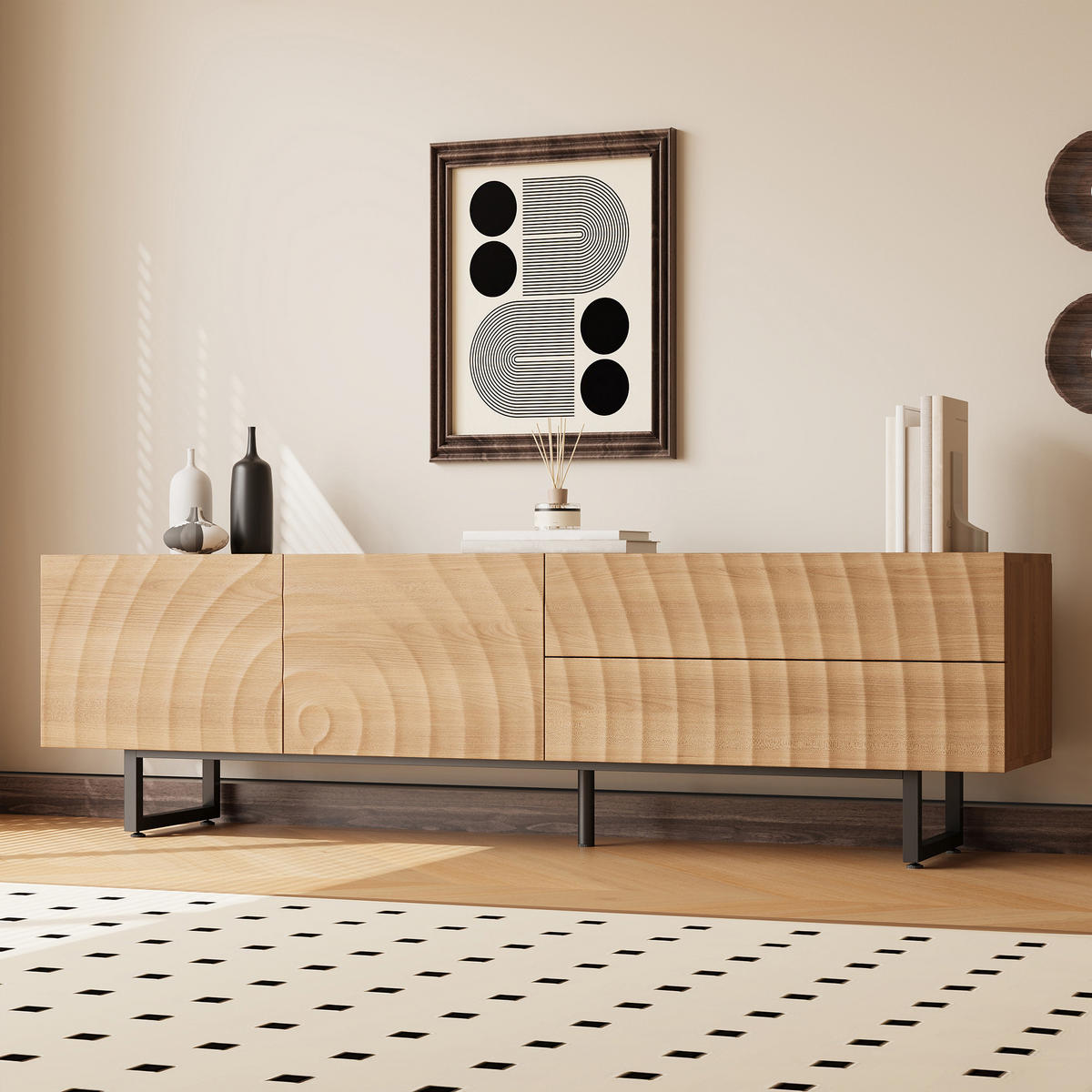 TV-ELEMENT180X38X51,5CM NaturholzOptik mit 3DMaserung und Metallbeinen - Naturfarben, Holz (48.49/13.79/60.3cm) - Raelunyi