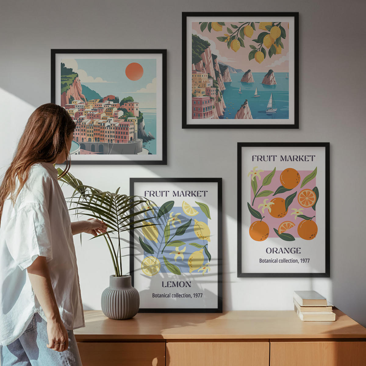 WANDBILDER 4er-Set - 50x50 cm & 40x60 cm Schwarzer Rahmen - Obstposter Zitronen Orangen - Schwarz, Kunststoff (50/50cm) - ArtPrintCave