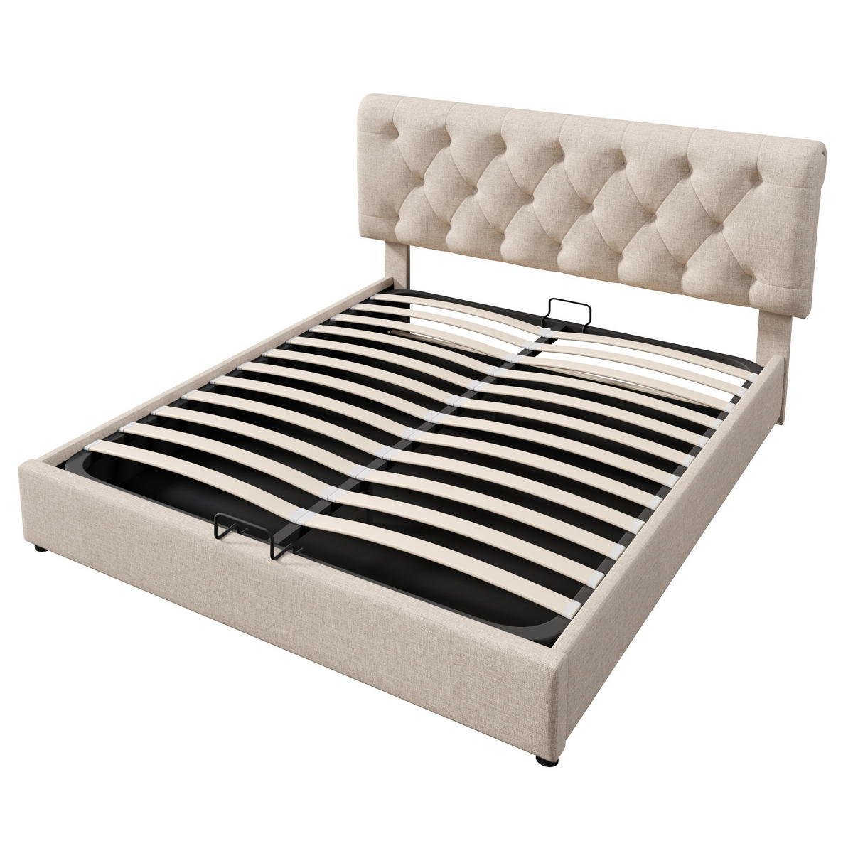 BETT mit Bettkasten und verstellbarem Kopfteil 140x200 cm Leinen Natur - Beige, Metall (140/200cm) - Meubliv