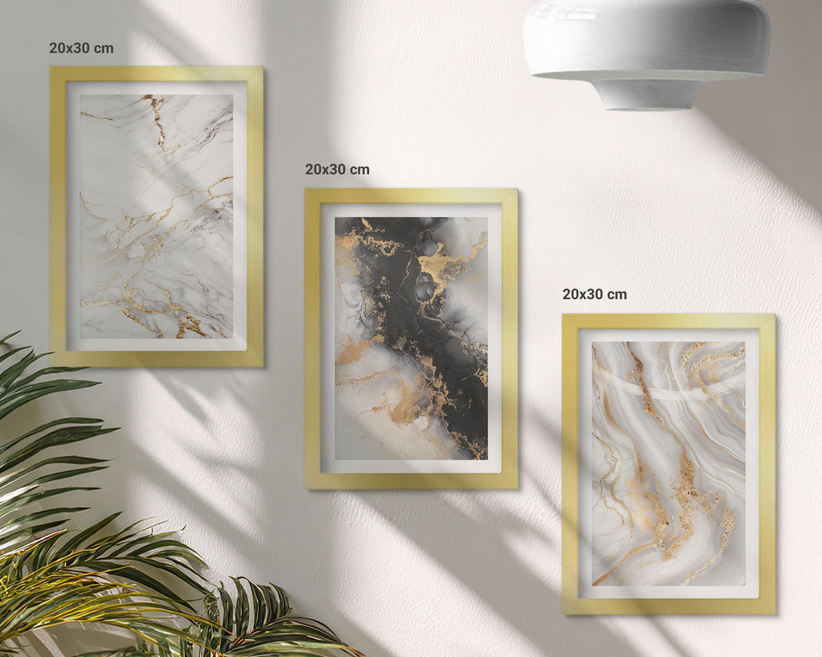 WANDBILDER 3er Set - 20x30 cm Goldrahmen - Abstrakte weiß-schwarze Muster - Goldfarben, Kunststoff (20/30cm) - ArtPrintCave