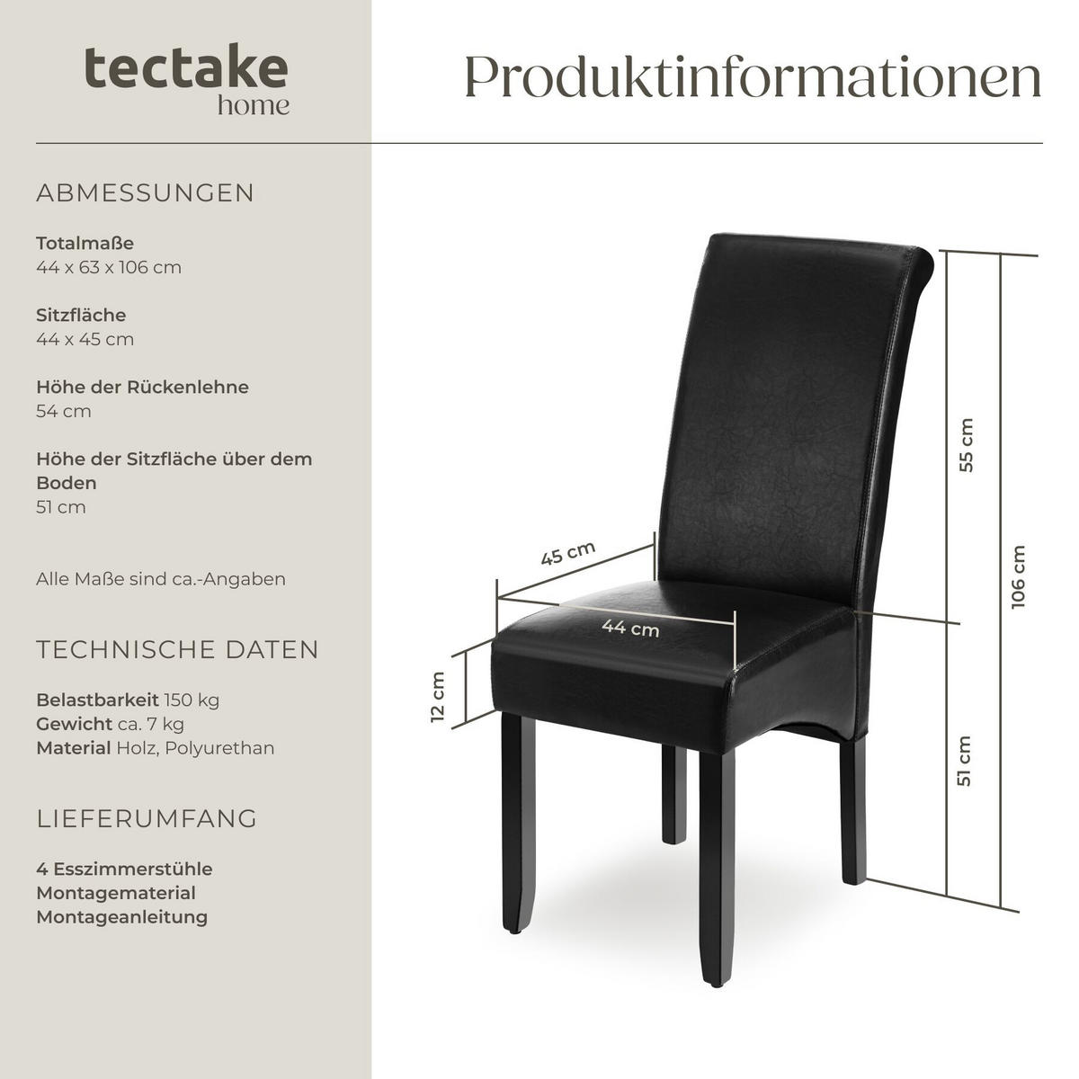ESSZIMMERSTUHL 4er Set, 44 x 63 x 106 cm schwarz - Schwarz, Textil (44/106/45cm) - tectake