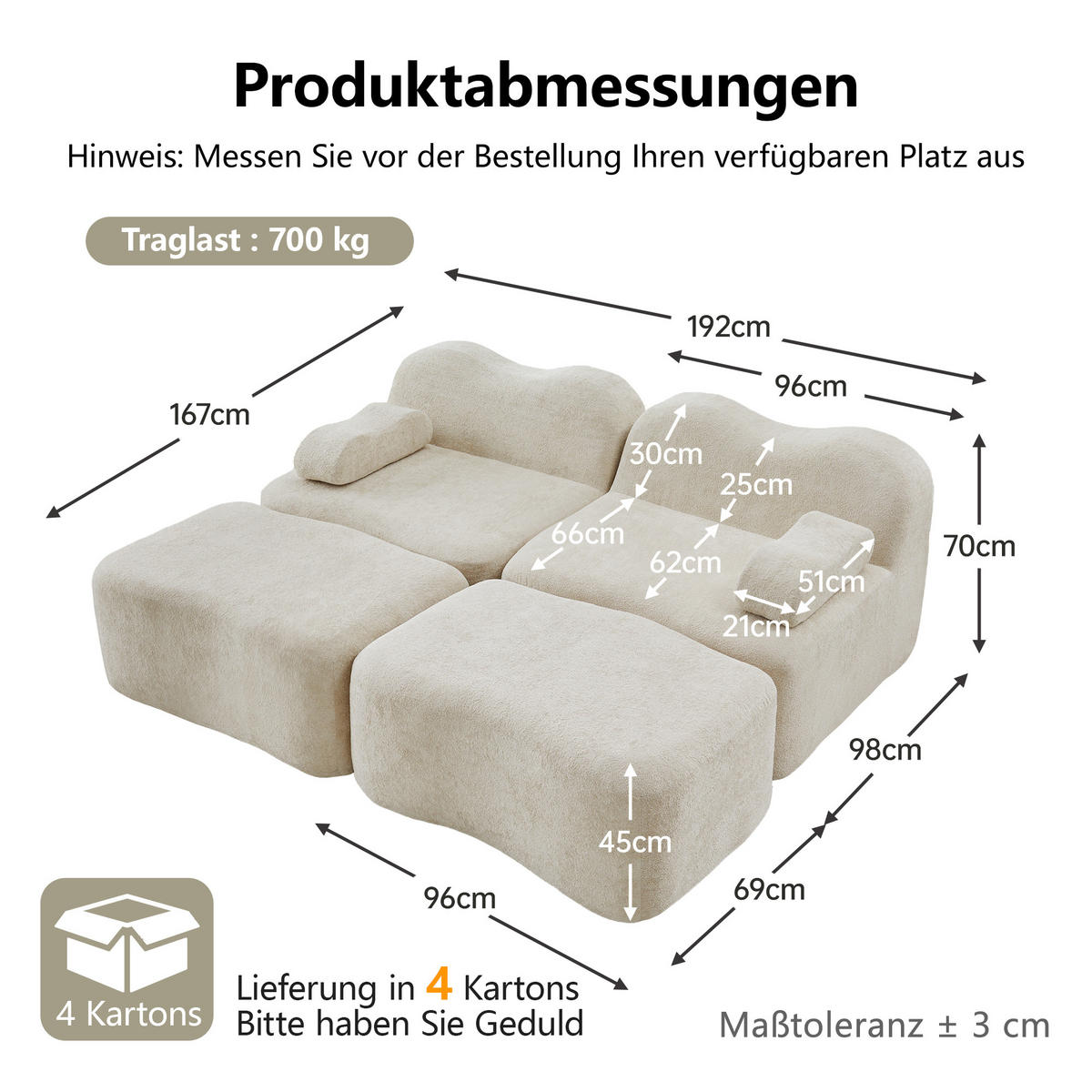 2-SITZER-SOFA DE-34348 mit 2 Ottomans Beige - Beige, Textil (167/70/192cm) - ComfortXL