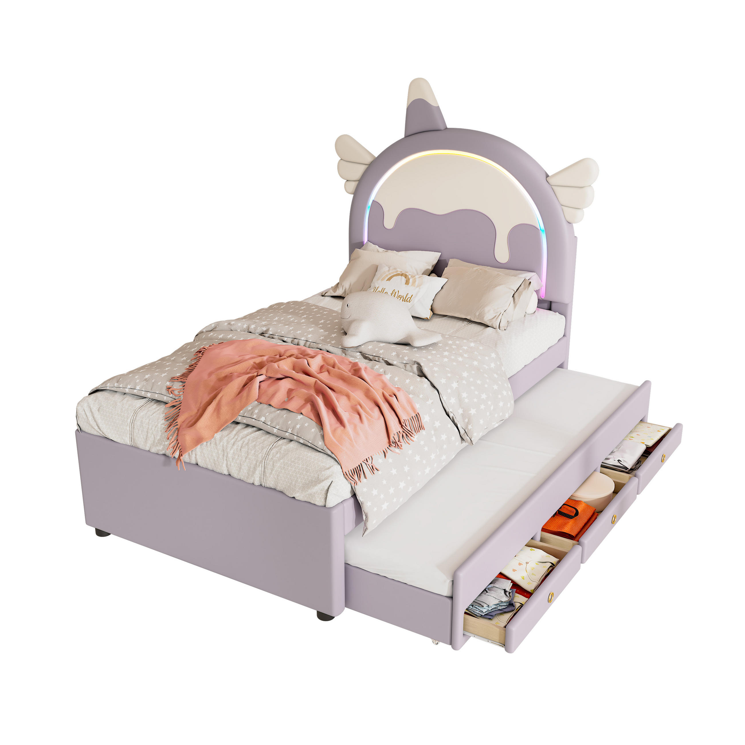 KINDERBETT 90/200 cm Einhornform Violett mit ausziehbarem Rollbett - Violett, Kunststoff (90/200cm) - OKWISH