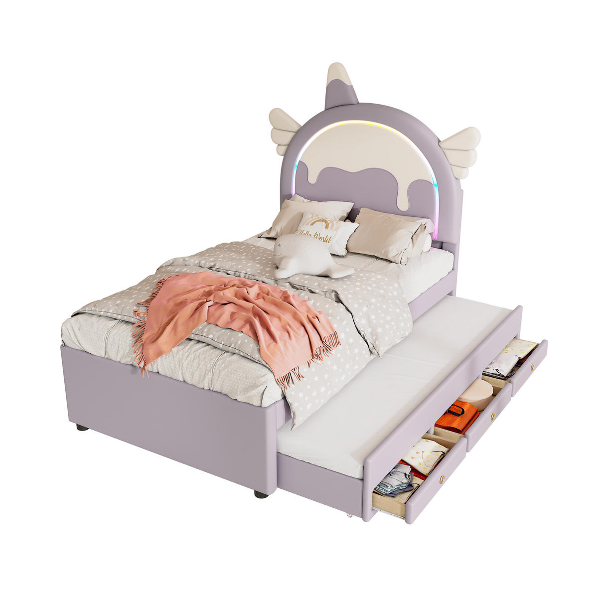 KINDERBETT 90/200 cm Einhornform Violett mit ausziehbarem Rollbett - Violett, Kunststoff (90/200cm) - OKWISH