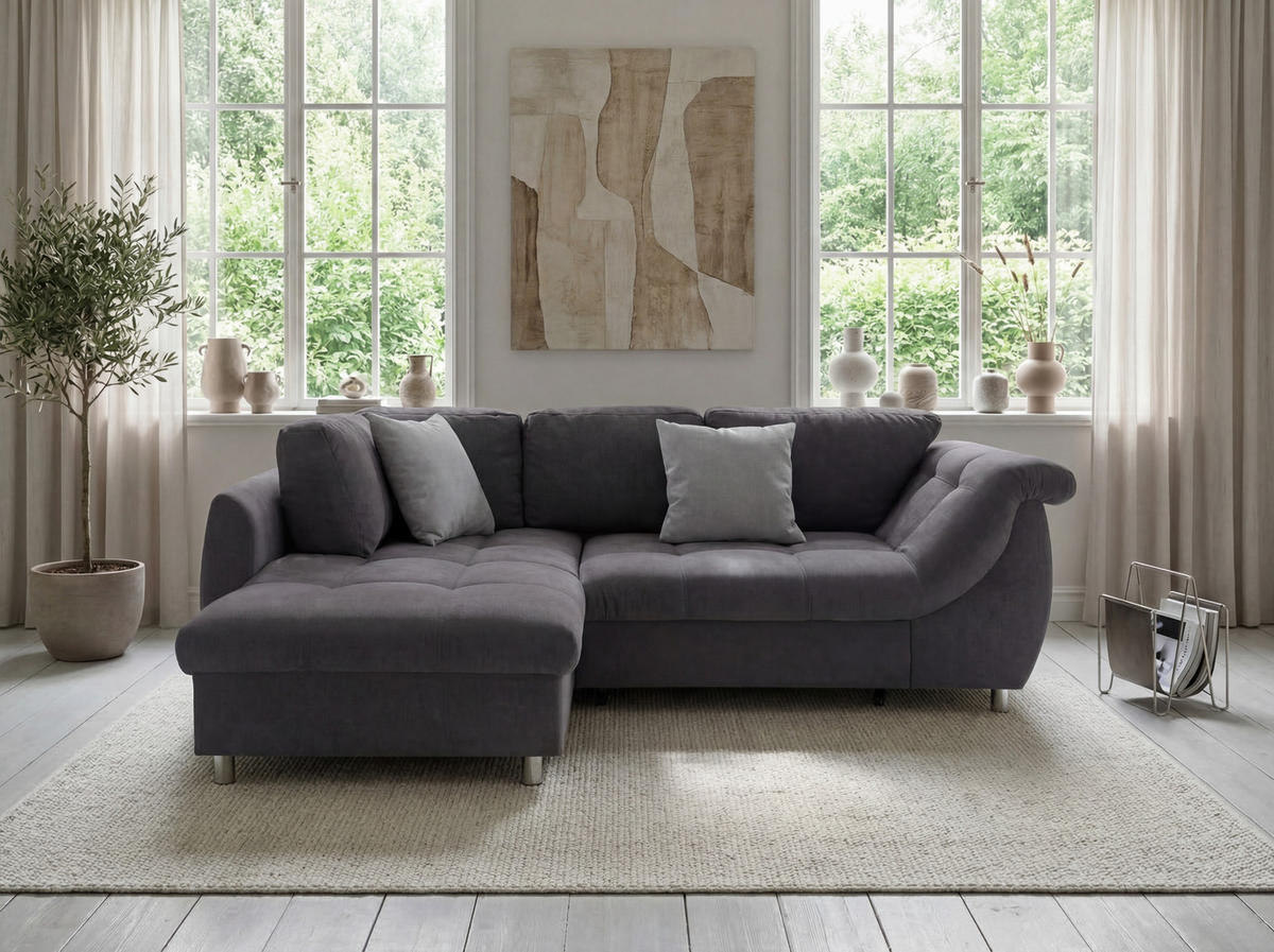 ECKSOFA mit Schlaffunktion, Wellenunterfederung, Ottomane links B250/T190/H84 cm, Liegefl. 179x190 cm, Mikrofaser Anthrazit / 17008 - Chromfarben/Anthrazit, Textil/Metall (250/190cm) - luma-home