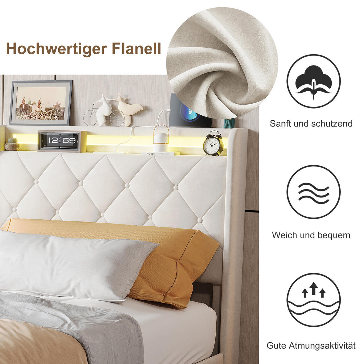 POLSTERBETT 90x200 cm, Zwei Schubladen mit Rollen, RGB LED, USB-/Typ-C-Anschlüsse, Samtstoff, Beige - Beige, Holz (90/200cm) - BRILVERDE