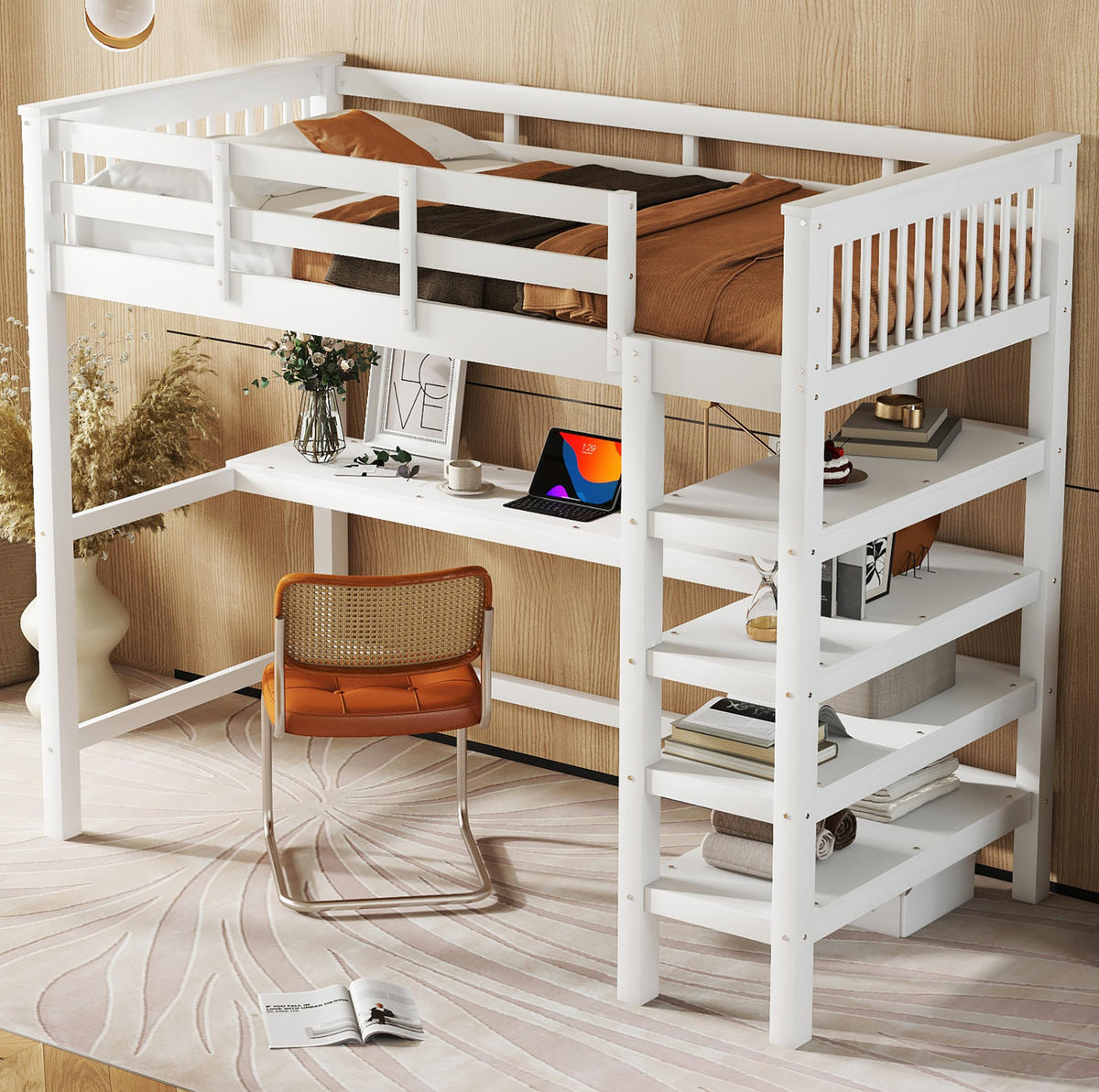 HOCHBETT aus Kiefer und MDF 90x200 cm Weiß mit Schreibtisch, Ablagefächern und Regalleiter - Weiß, Holzwerkstoff (90/200cm) - Modfu