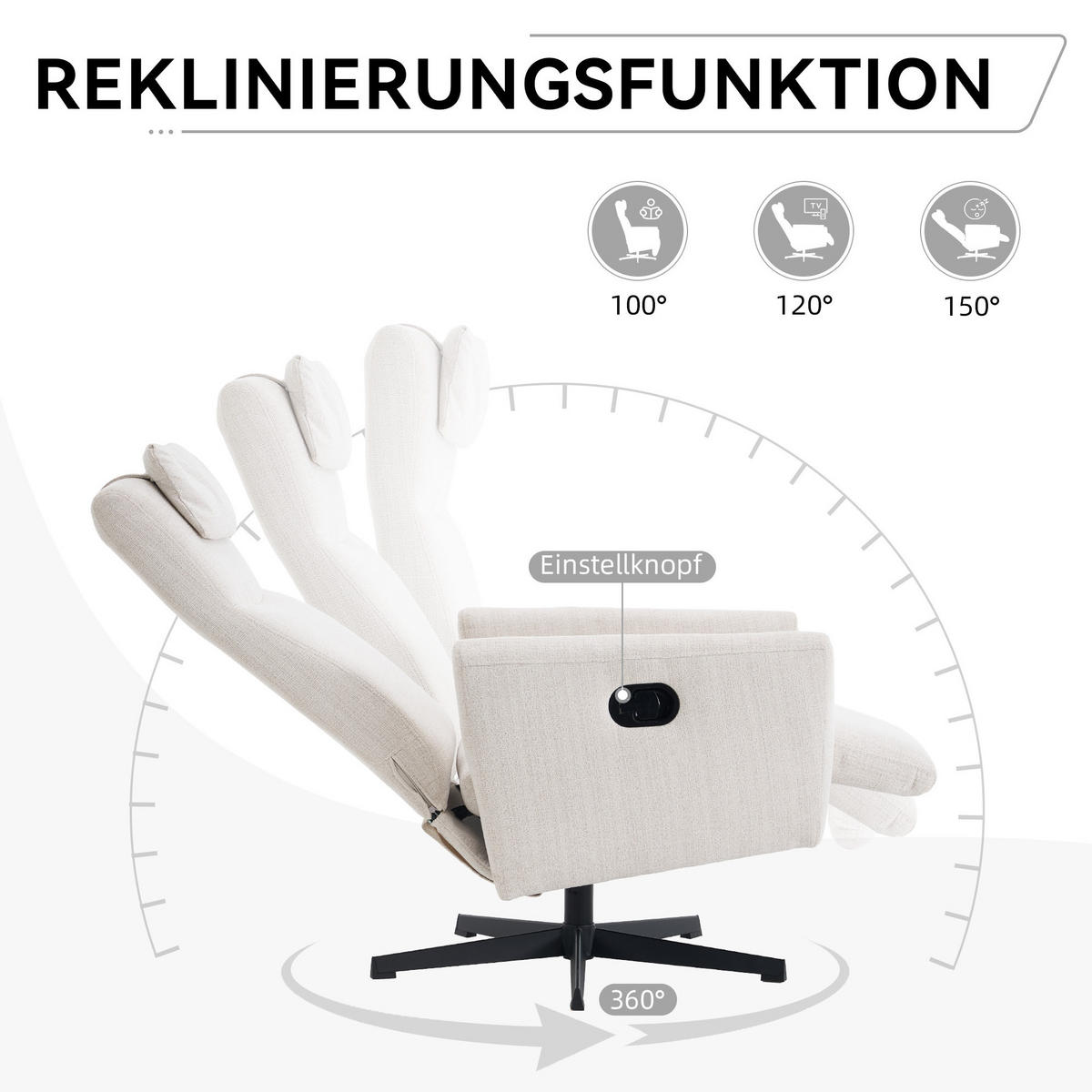 RELAXSESSEL Chenille mit Liegefunktion und 360° Drehfunktion 67/80.5/110 cm Beige - Beige, Textil (80.5/110/67cm) - Redom