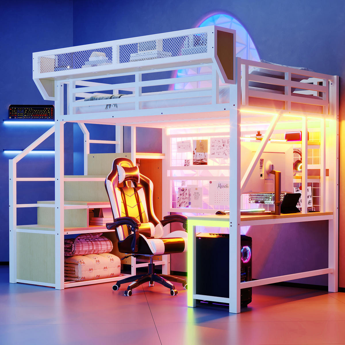 HOCHBETT 140/200 cm in Weiß mit Schreibtisch, Regal, LED und Steckdose - Weiß, Holzwerkstoff/Metall (140/200cm) - WISHDOR