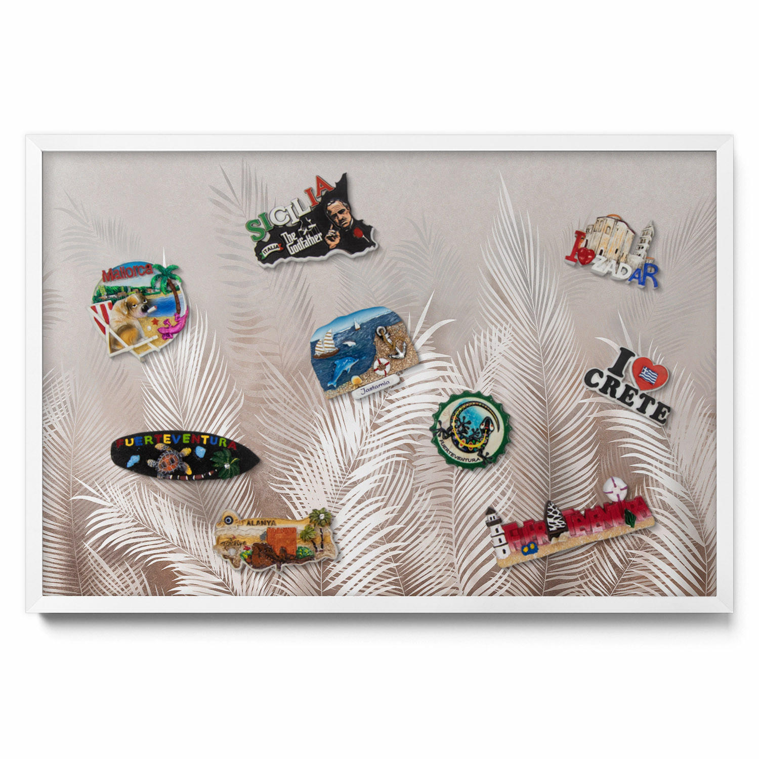 MAGNETTAFEL 60x40 cm Weißer Rahmen Natürliche Boho-Blätter - Sandfarben, Metall (60/50/0.4cm) - TULUP