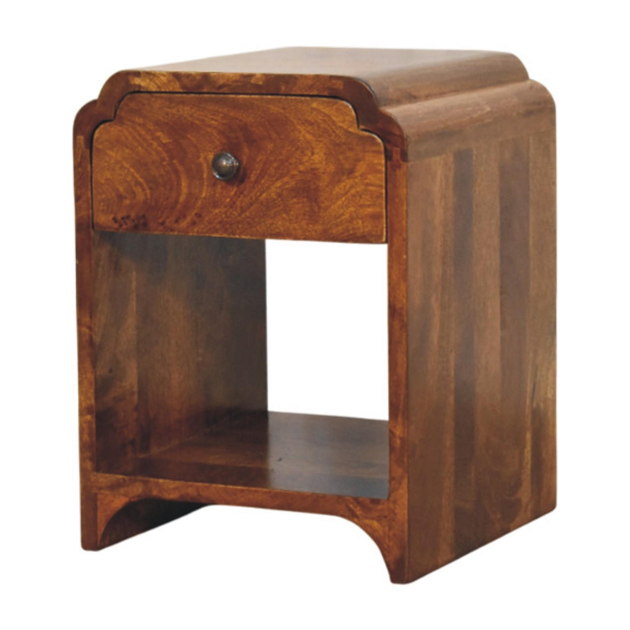 NACHTTISCH Massivholz Newton Mini Kastanienbraun, 1 Schublade und 1 Offenes Regal - Dunkelbraun/Messingfarben, Mangoholz/Holz (30/40/30cm) - Artisan Furniture