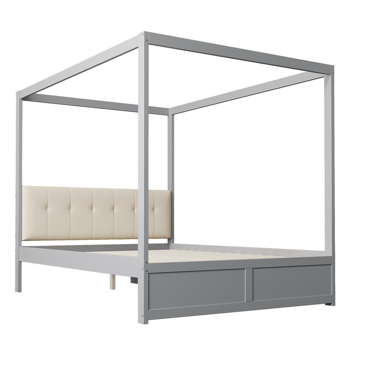 BETT mit Himmel 140/200 cm in Weiß/Grau mit Schubladen und gepolstertem Kopfteil - Grau, Holz (140/200cm) - BEAOK