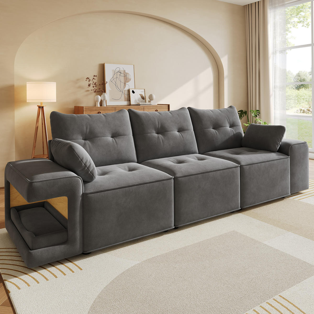 SOFA Grau 3 Sitzer Stauraum breite Armlehnen Kissen - Grau, Textil (78/84/229.5cm) - FLIEKS