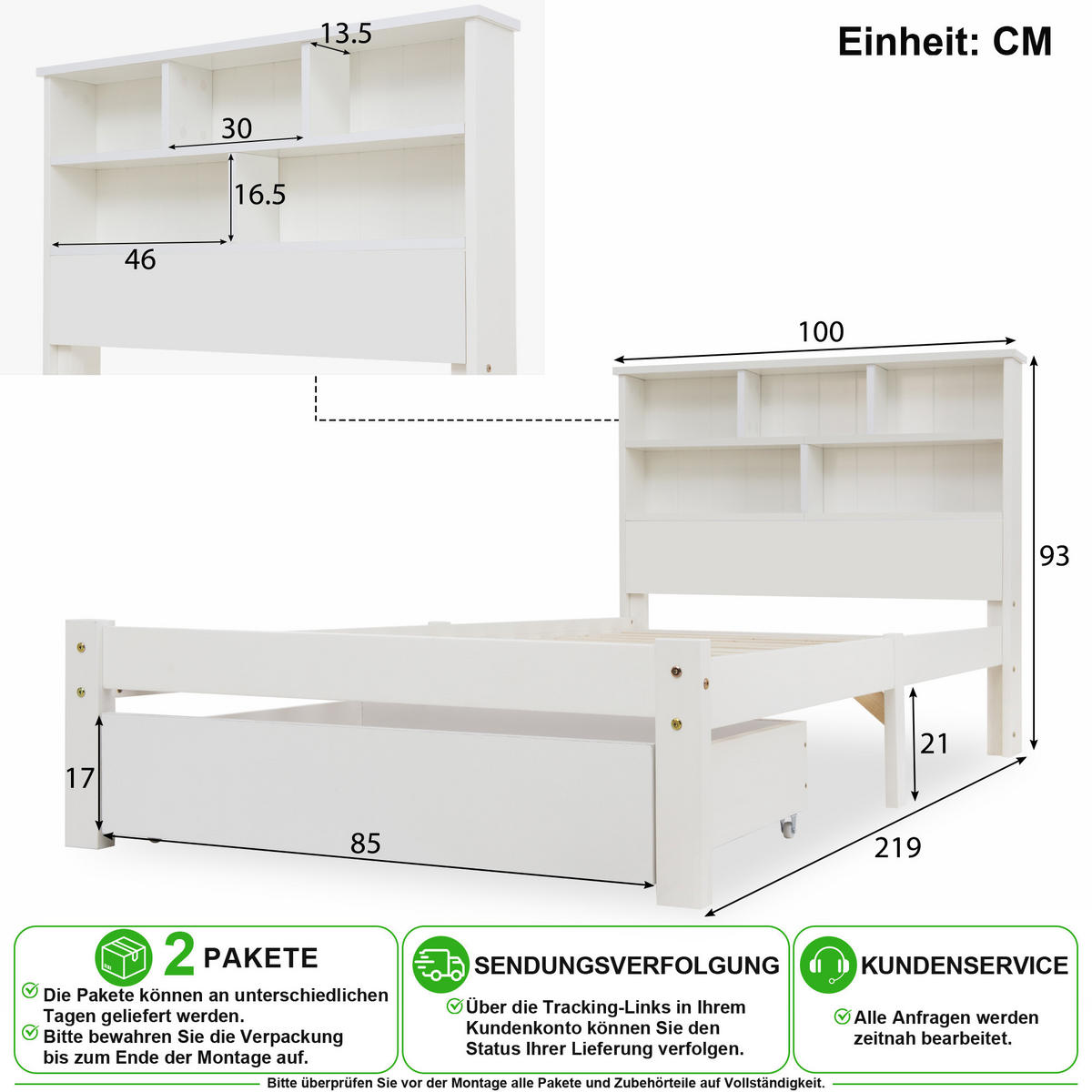 BETT 90/200 cm in Weiß mit Schublade und Regal aus Massivholz - Weiß, Holz/Holzwerkstoff (90/200cm) - CHICFURN