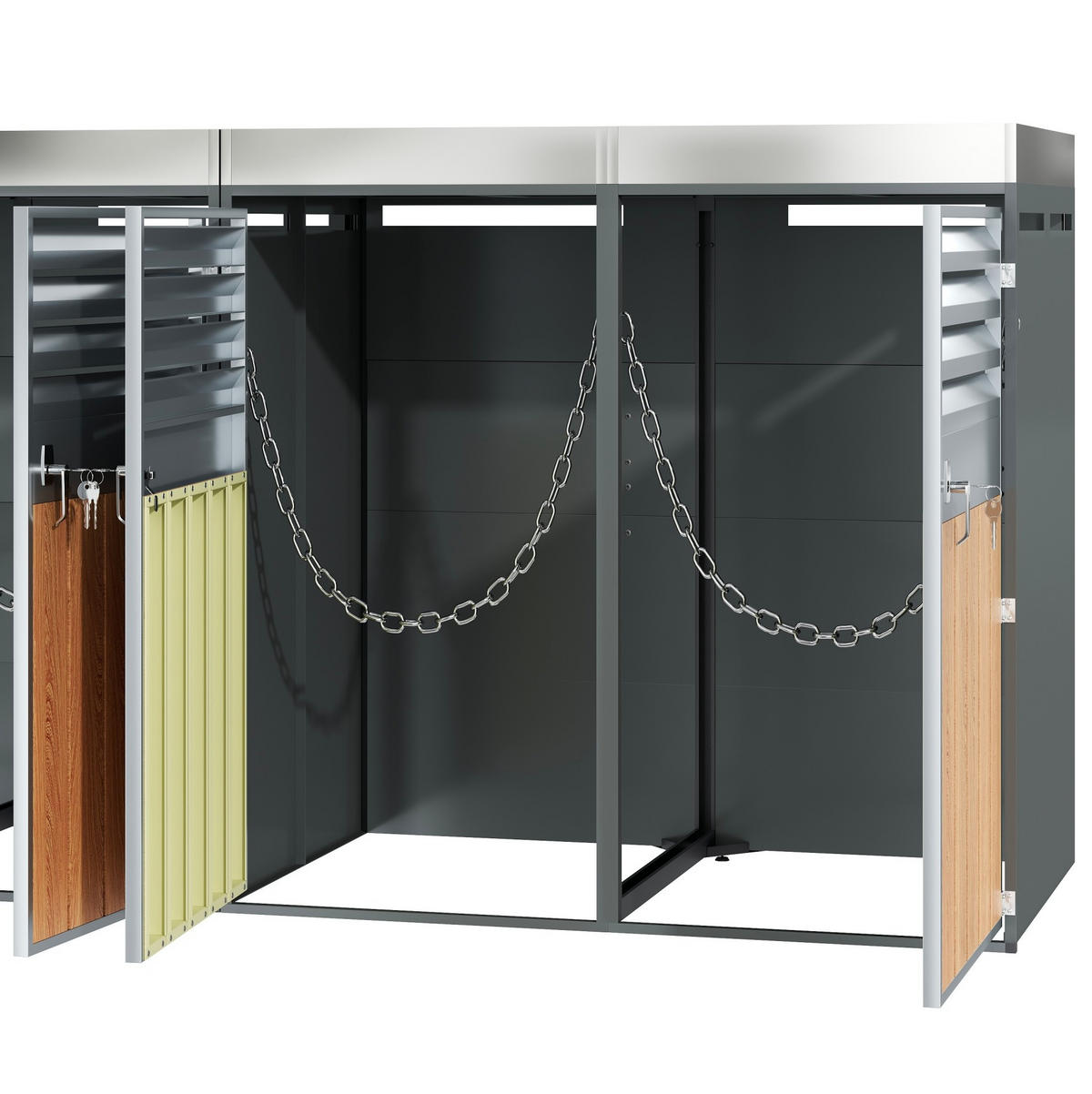 MÜLLTONNENBOX aus Stahl in Grau/Holzoptik mit Pflanzfläche & 4 abschließbaren Türen - Grau, Metall (264/124.5/80cm) - Modfu