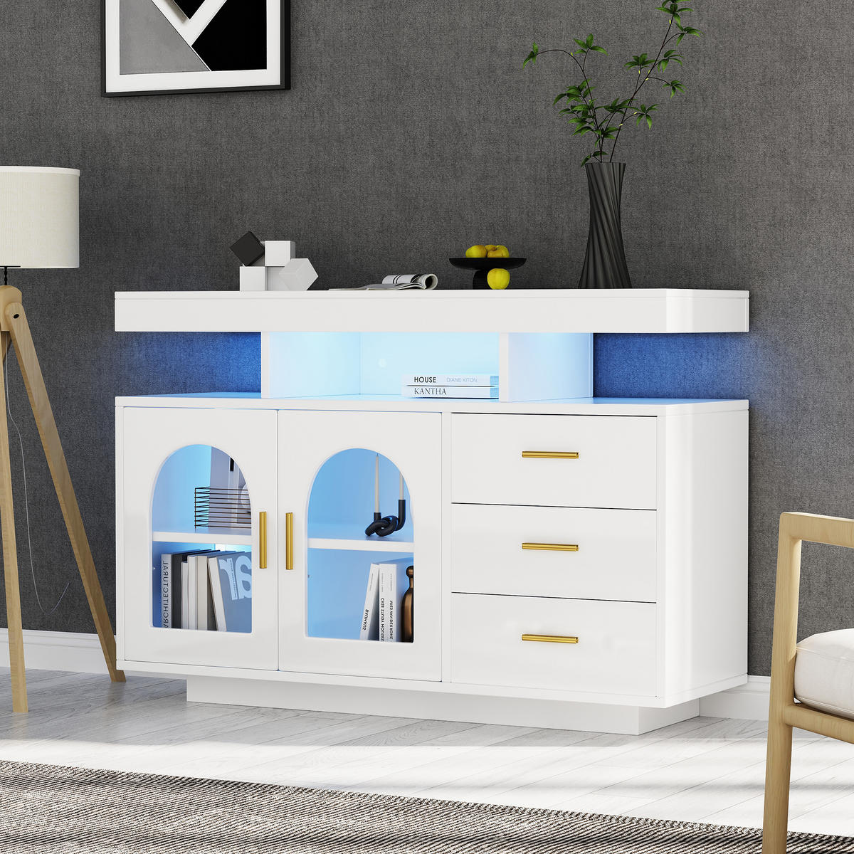 SIDEBOARD 120/40/80 cm Weiß aus Spanplatte mit LED und Hochglanzfront - Weiß, Holzwerkstoff (120/80/40cm) - OKWISH