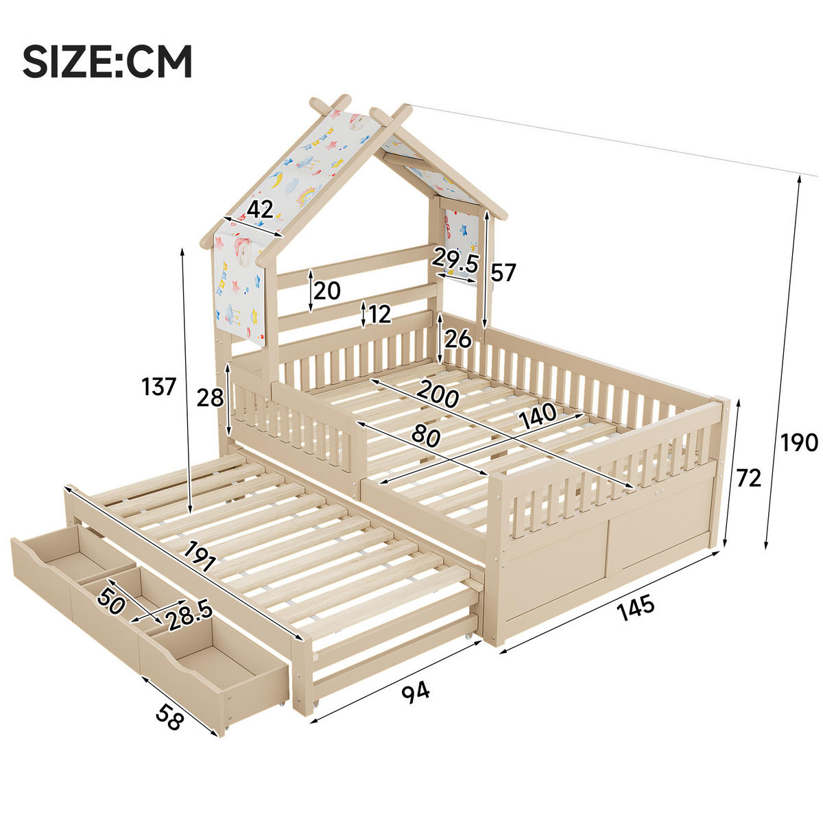 HAUSBETT 140/200 cm DE-03356, mit Ausziehbett, 3 Schubladen und Sicherheitsgittern, in Natur - Creme, Holz/Holzwerkstoff (140/200cm) - ComfortXL