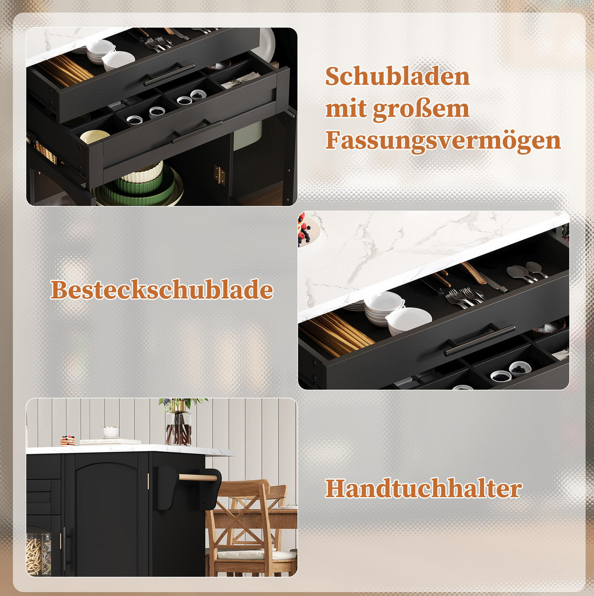 KÜCHENWAGEN 120/45-70/90 cm in Schwarz mit klappbarer Arbeitsfläche und Glastüren - Schwarz, Holzwerkstoff (138/90/70cm) - Flora Grace